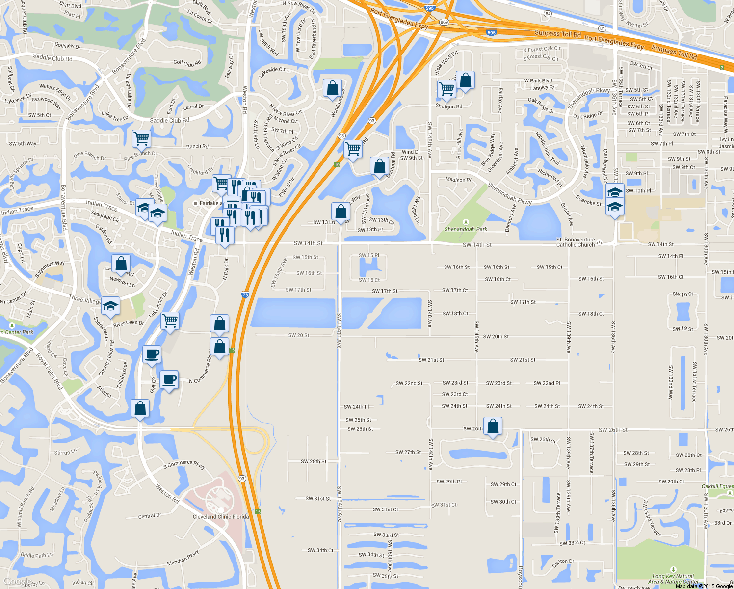 map of restaurants, bars, coffee shops, grocery stores, and more near 15192 Southwest 17th Street in Davie