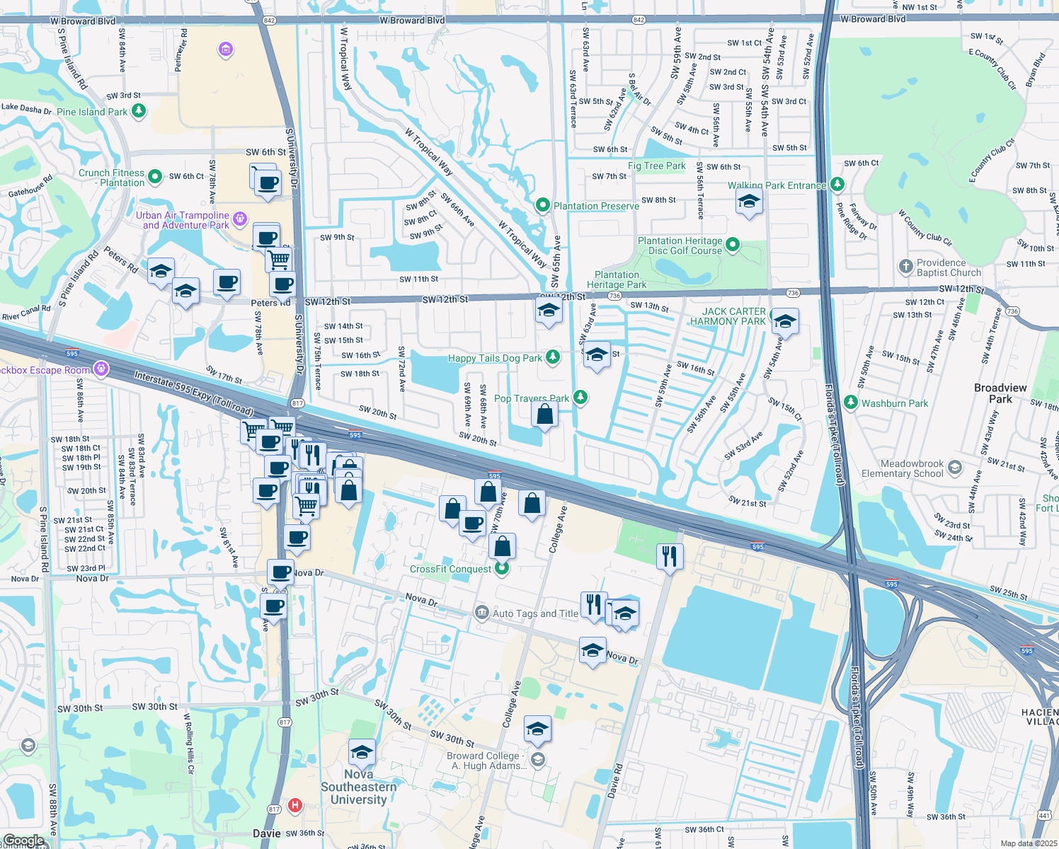 map of restaurants, bars, coffee shops, grocery stores, and more near 1921 Southwest 67th Avenue in Plantation