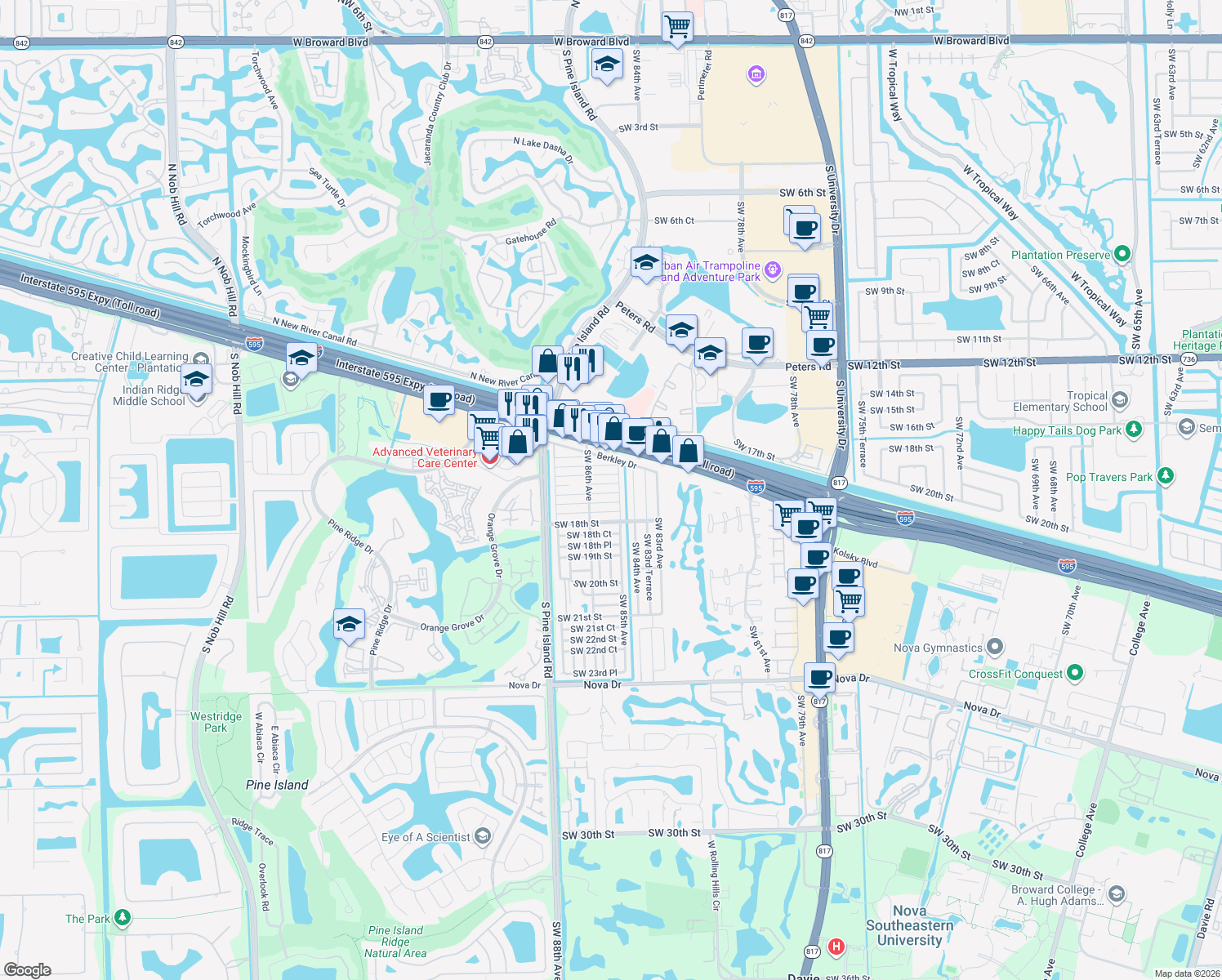 map of restaurants, bars, coffee shops, grocery stores, and more near 8517 Southwest 16th Place in Davie