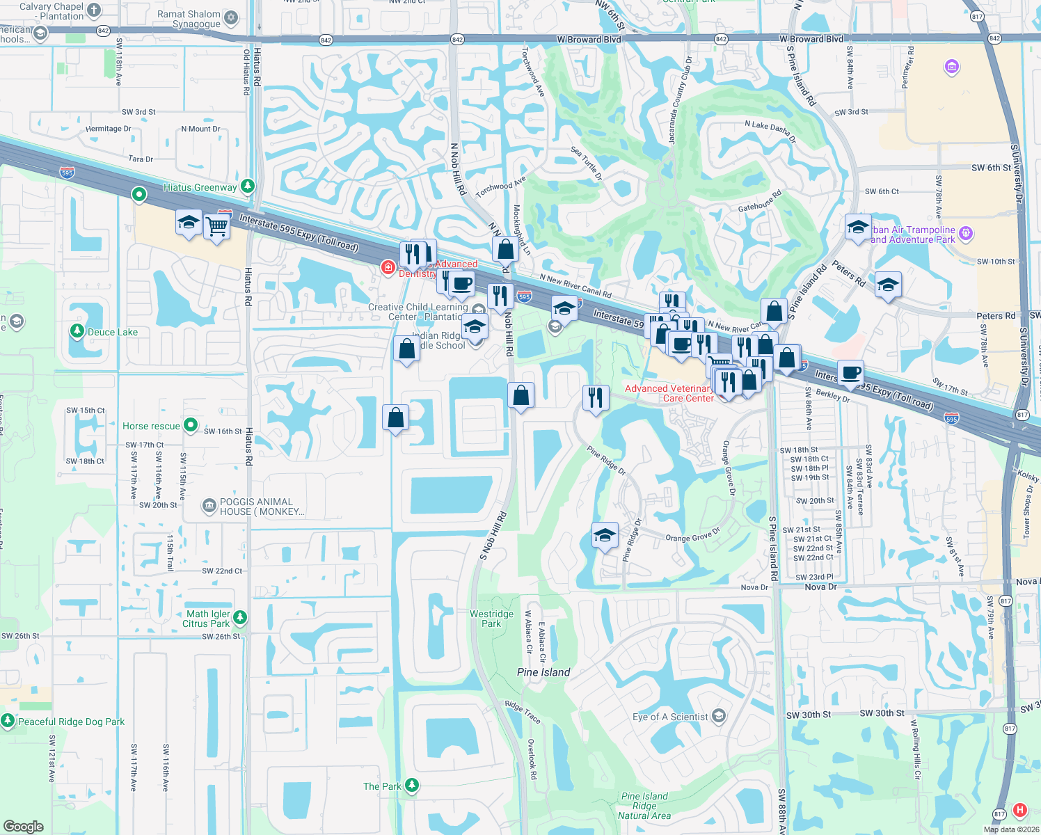 map of restaurants, bars, coffee shops, grocery stores, and more near 9931 North Oak Knoll Circle in Davie