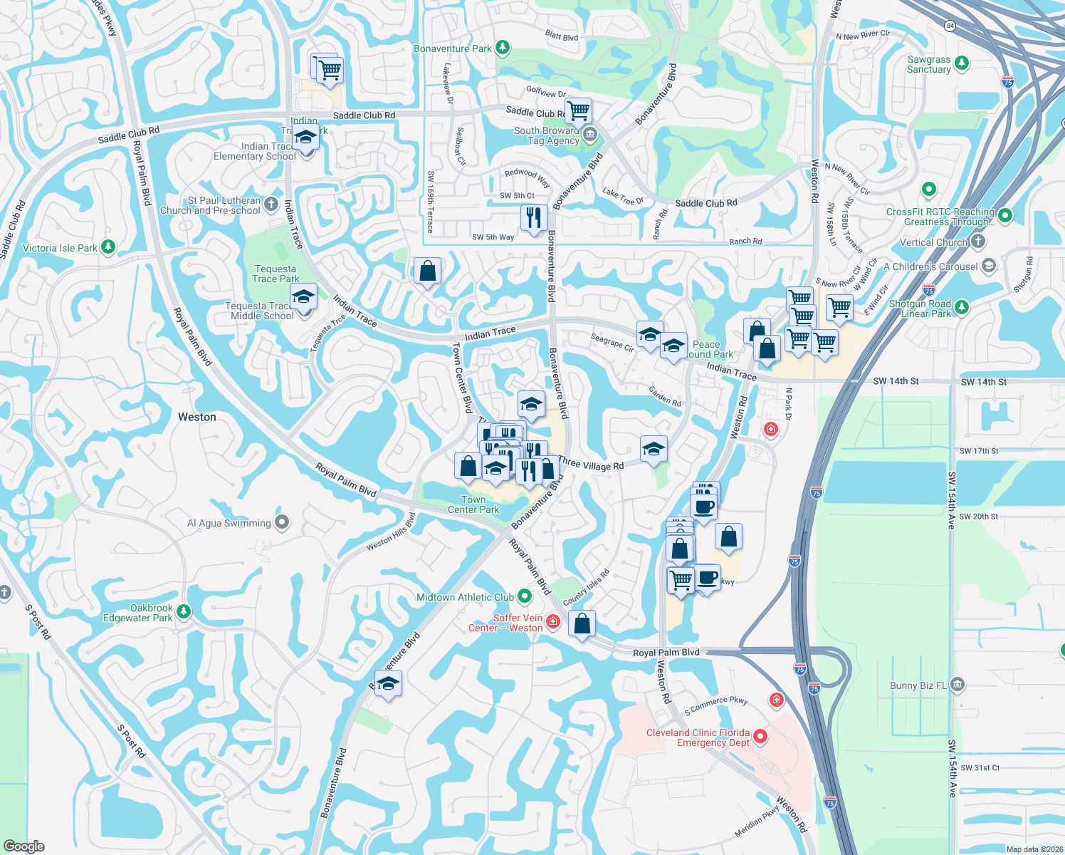 map of restaurants, bars, coffee shops, grocery stores, and more near 1570 Sagemont Way in Weston