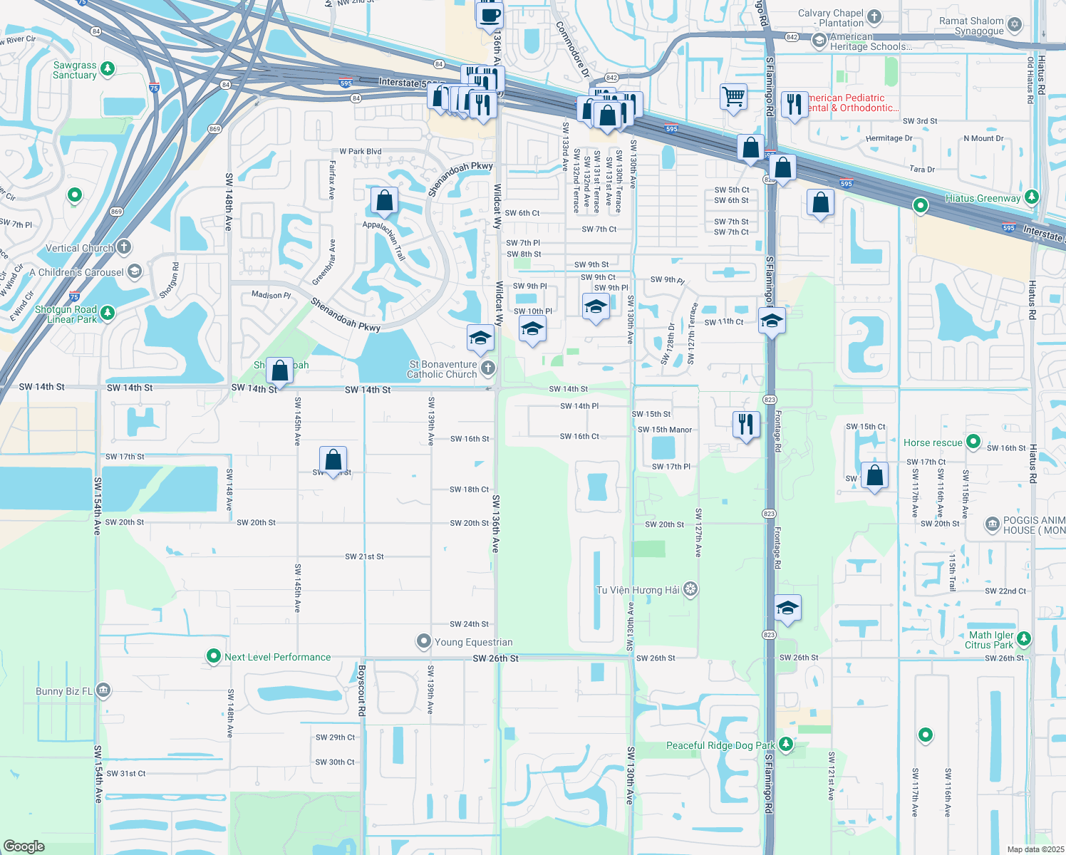 map of restaurants, bars, coffee shops, grocery stores, and more near 13411 Southwest 16th Court in Davie