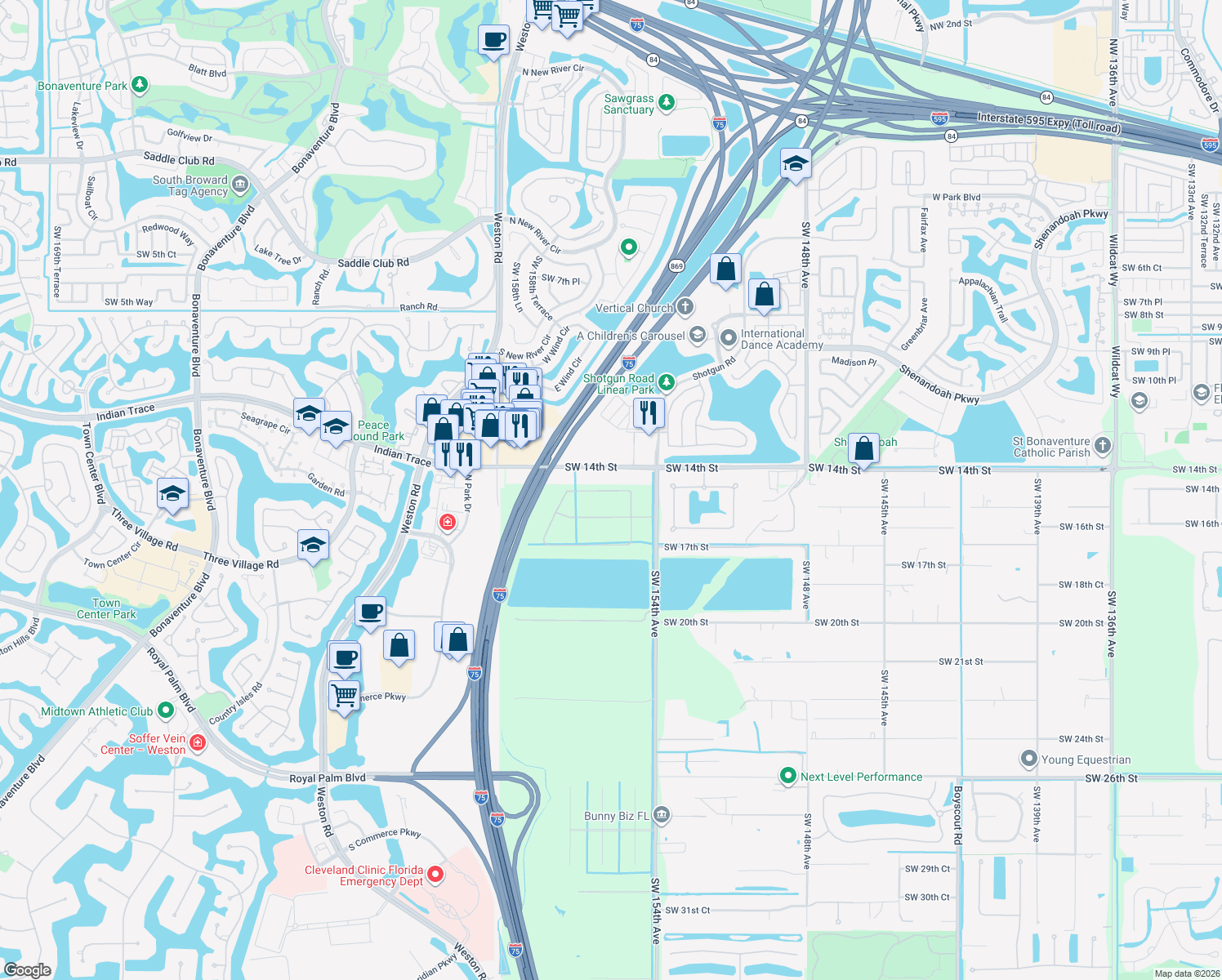 map of restaurants, bars, coffee shops, grocery stores, and more near 15601 Southwest 15th Street in Davie