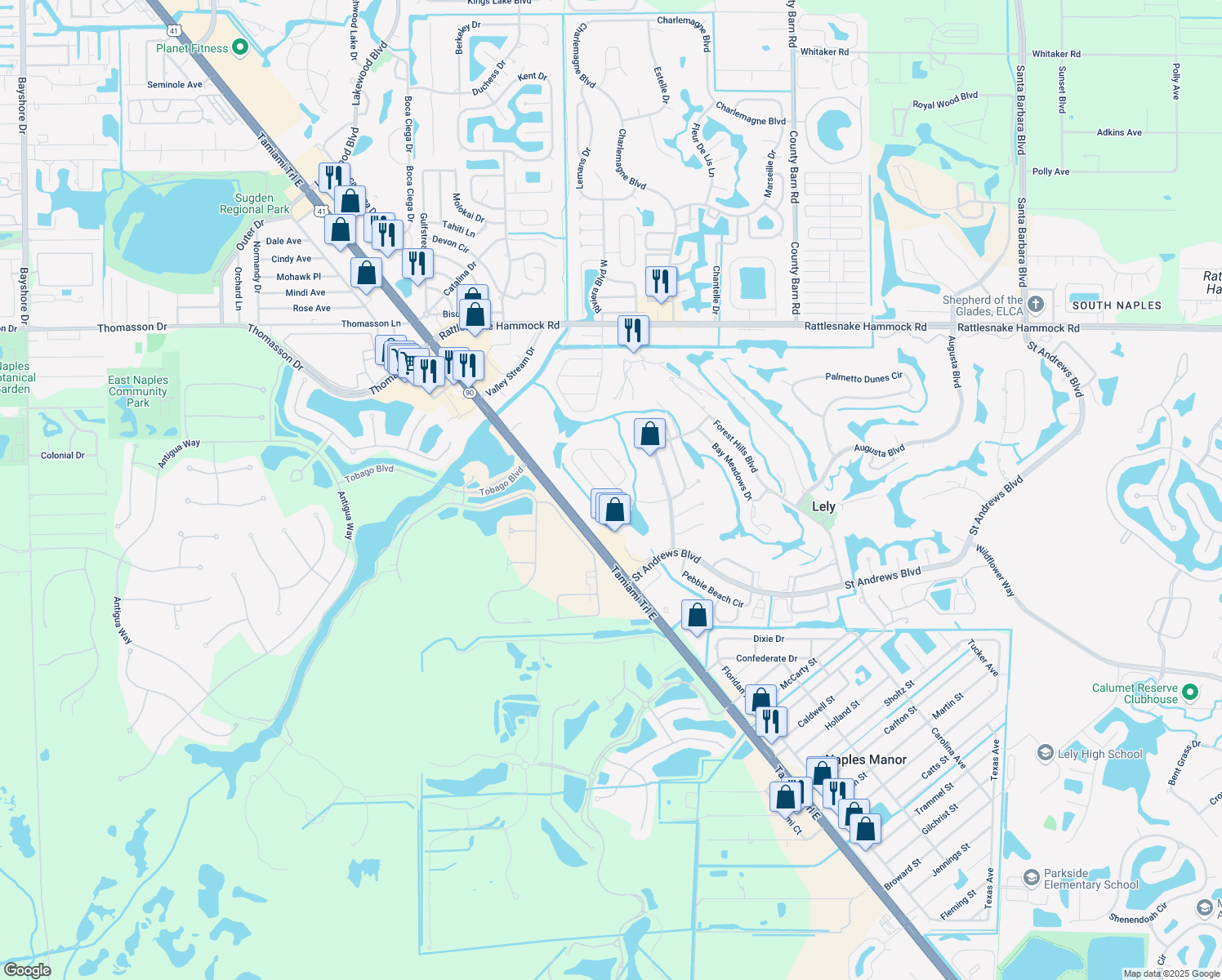 map of restaurants, bars, coffee shops, grocery stores, and more near 196 Baltusrol Drive in Naples