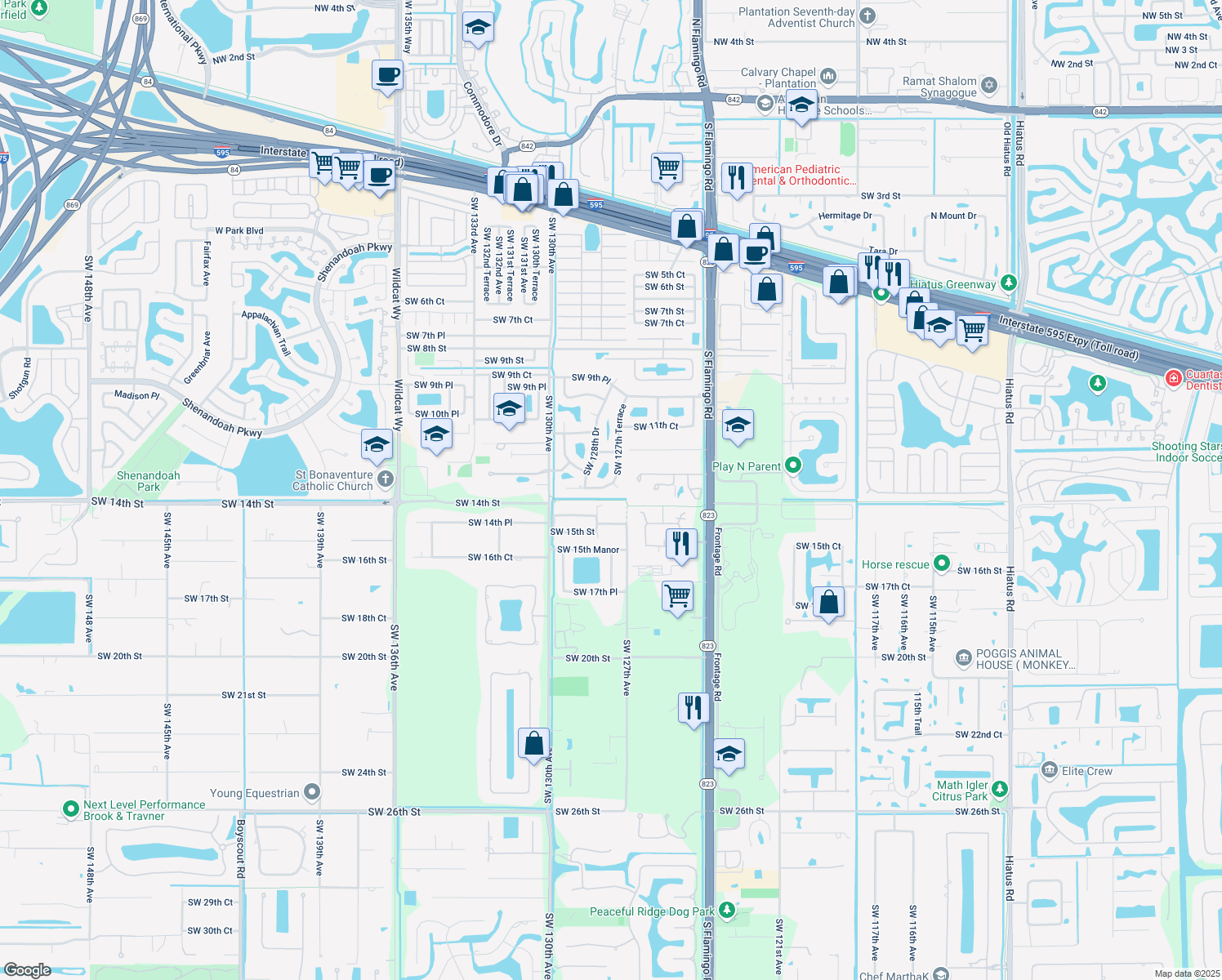 map of restaurants, bars, coffee shops, grocery stores, and more near 12700 Southwest 13th Manor in Davie