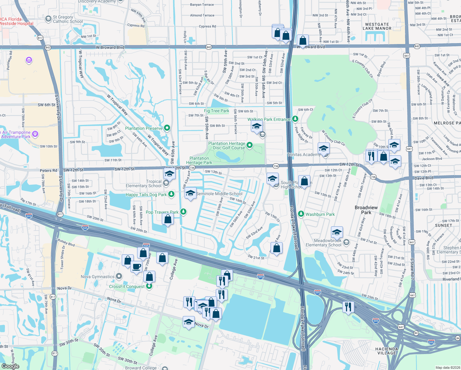 map of restaurants, bars, coffee shops, grocery stores, and more near 5840 Southwest 14th Street in Plantation