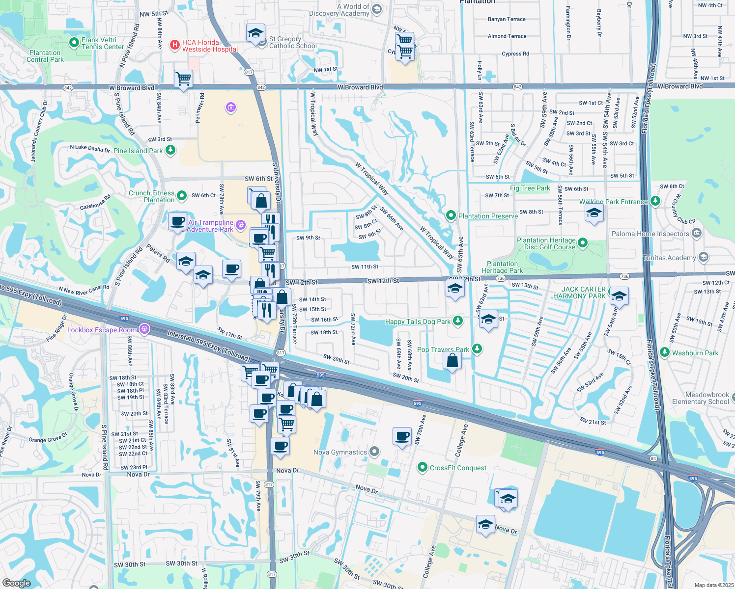map of restaurants, bars, coffee shops, grocery stores, and more near 1350 Southwest 71st Avenue in Plantation