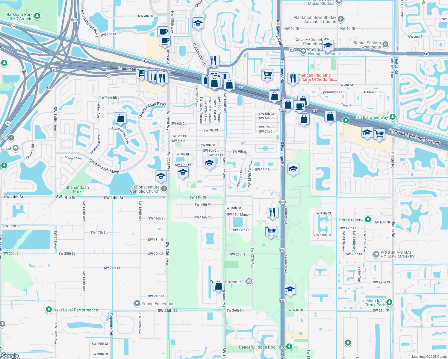 map of restaurants, bars, coffee shops, grocery stores, and more near 1221 Southwest 130th Avenue in Davie