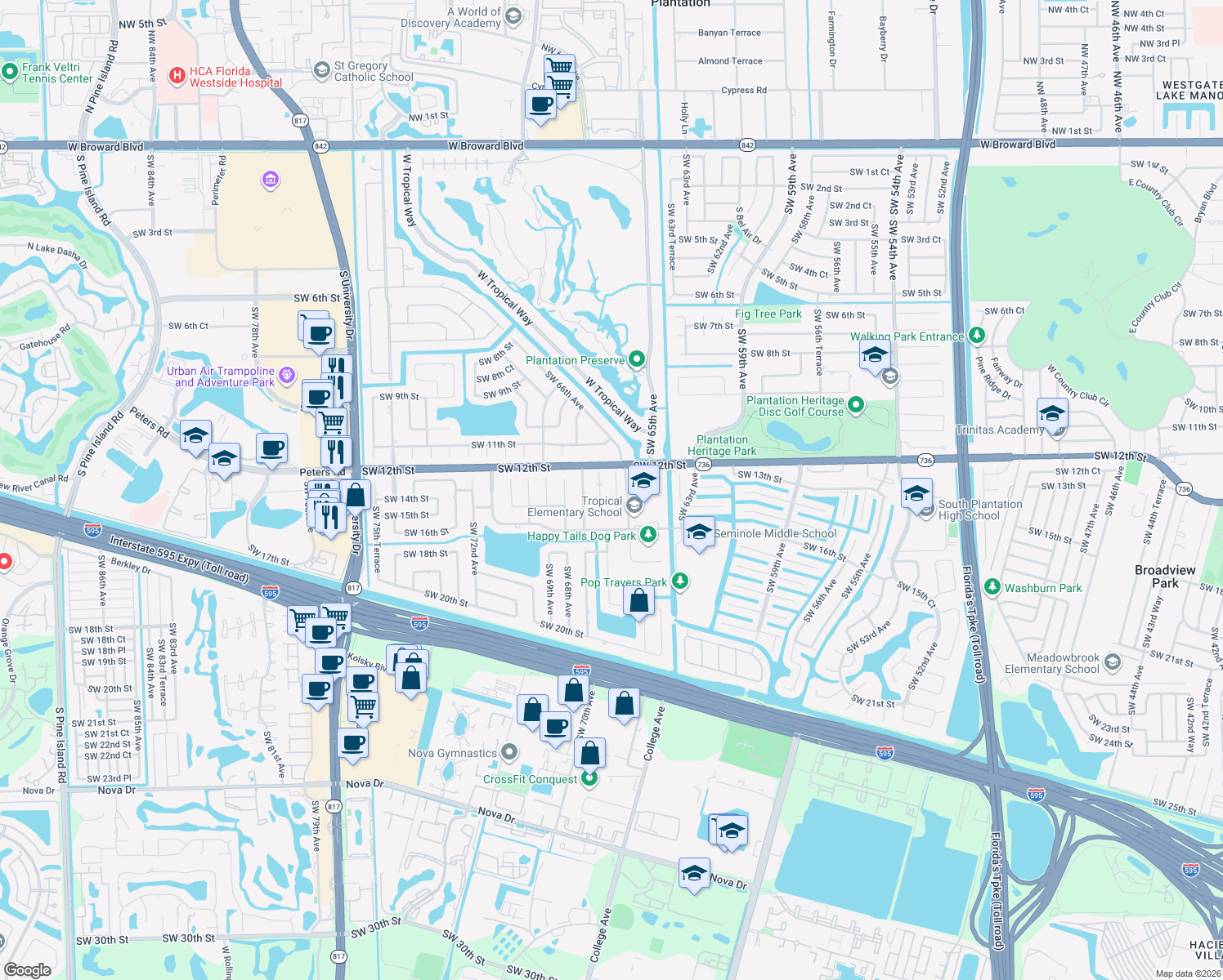 map of restaurants, bars, coffee shops, grocery stores, and more near 1351 SW 66th Terrace in Plantation