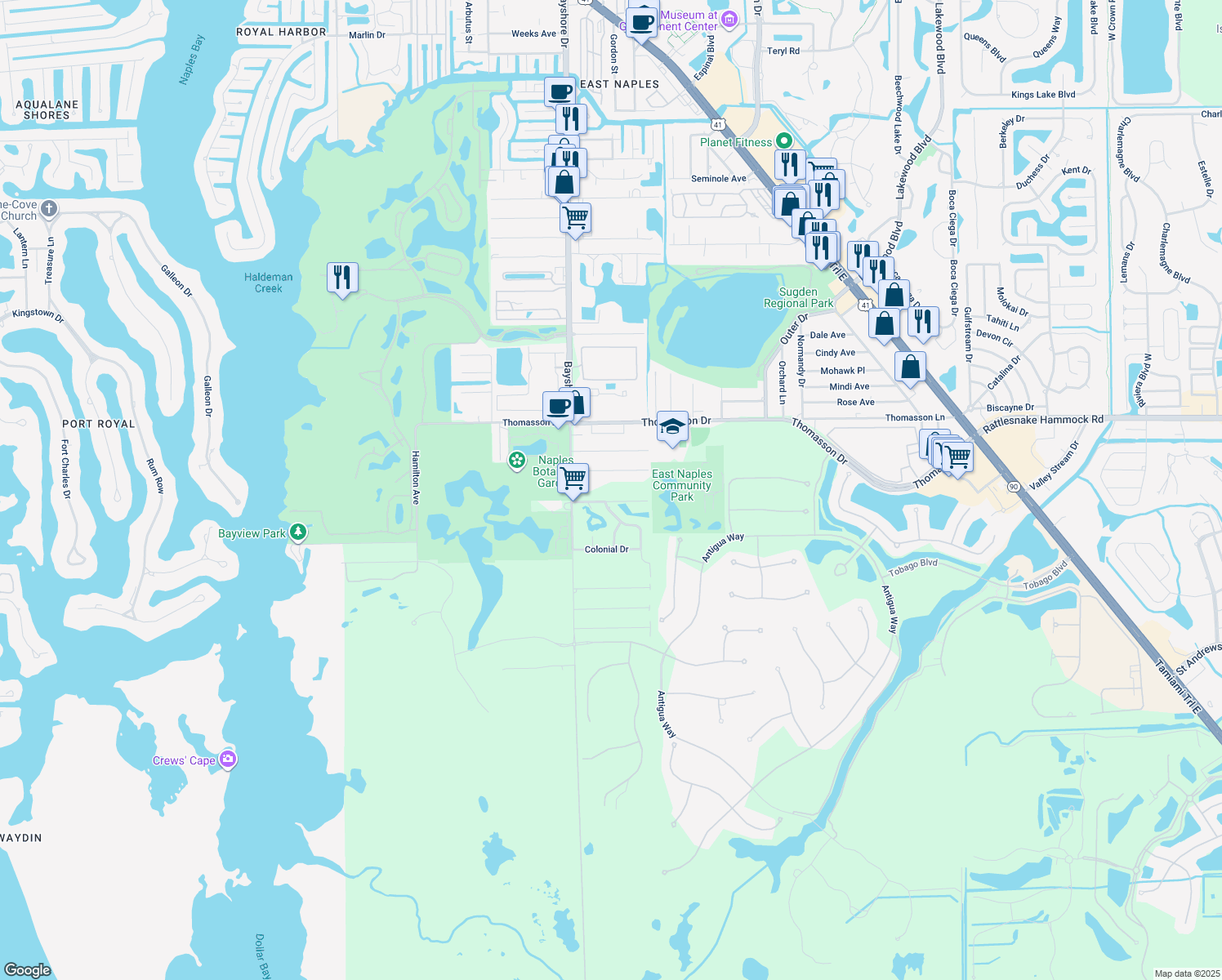 map of restaurants, bars, coffee shops, grocery stores, and more near 5085 Bayshore Drive in Naples
