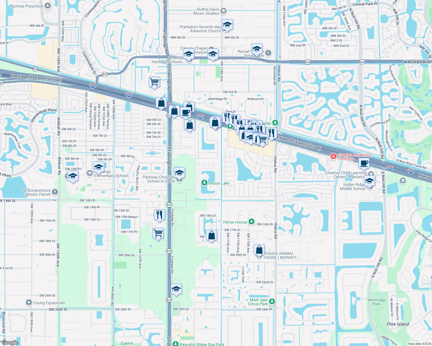 map of restaurants, bars, coffee shops, grocery stores, and more near 1155 Southwest 118th Terrace in Davie