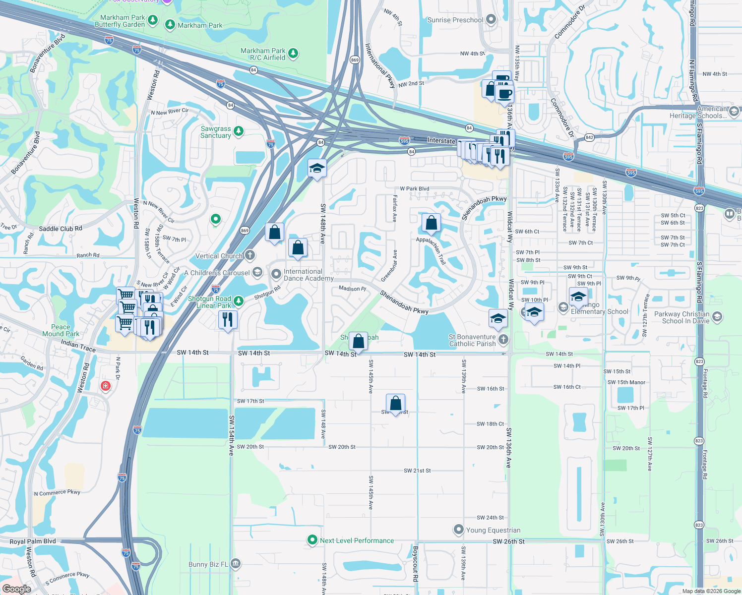 map of restaurants, bars, coffee shops, grocery stores, and more near 1060 Cedar Creek Way in Davie
