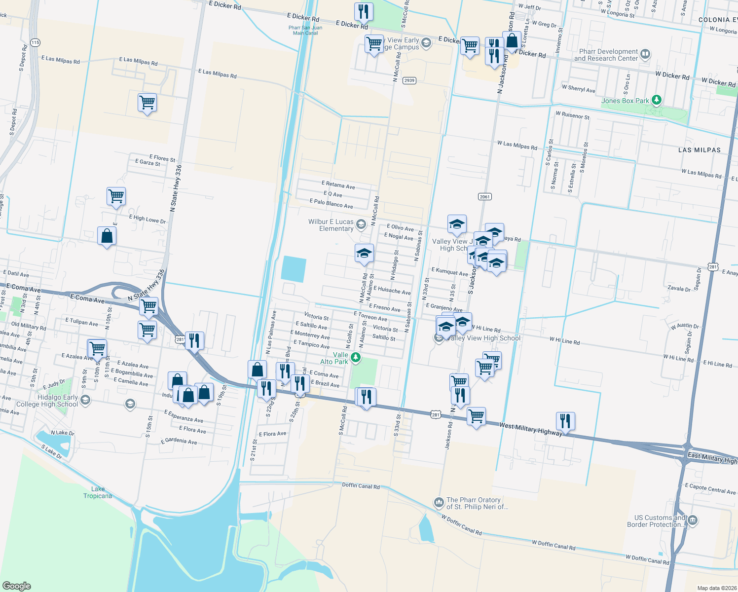map of restaurants, bars, coffee shops, grocery stores, and more near 2619 Granjeno Avenue in Hidalgo