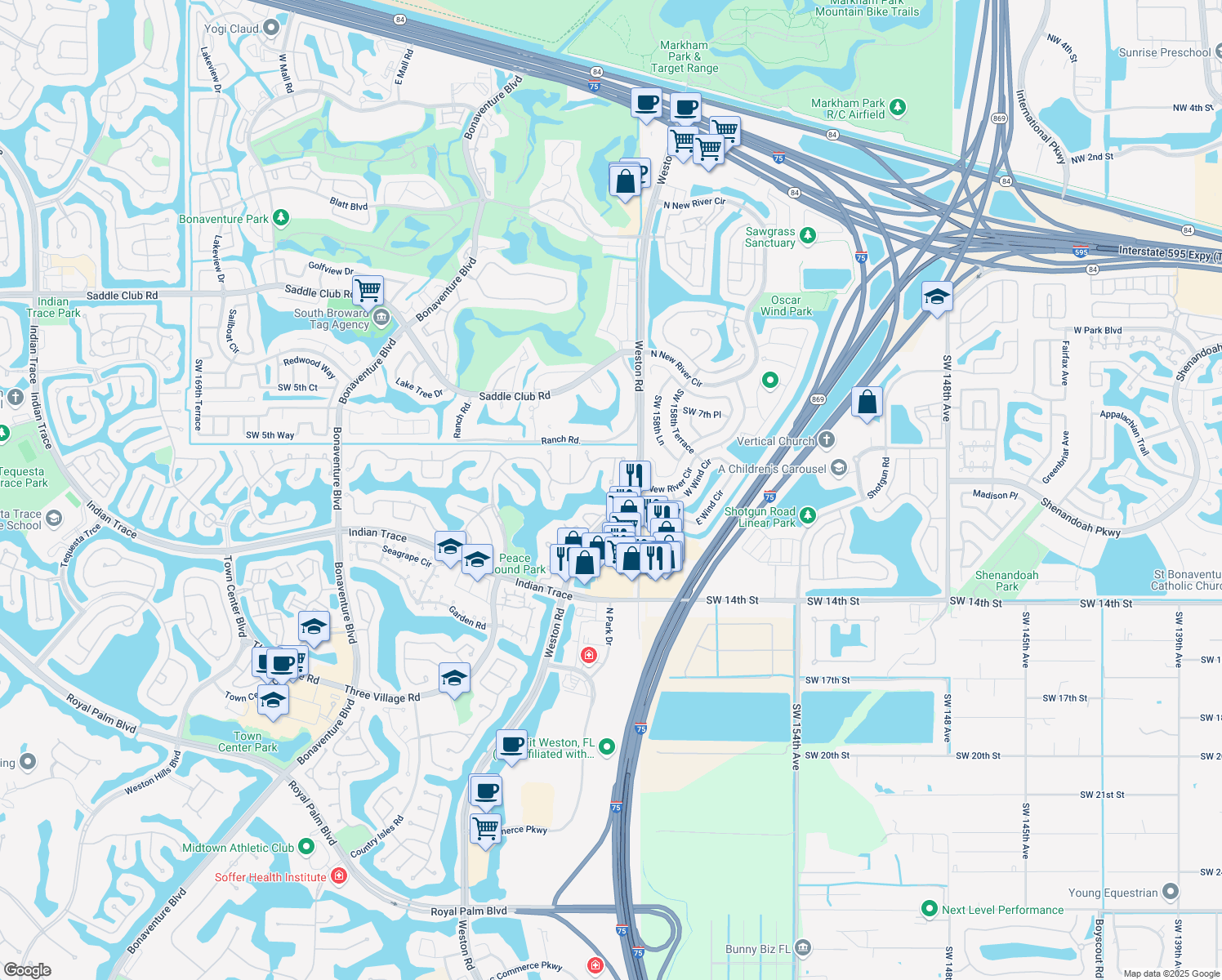map of restaurants, bars, coffee shops, grocery stores, and more near 1109 Waterbrook Lane in Weston