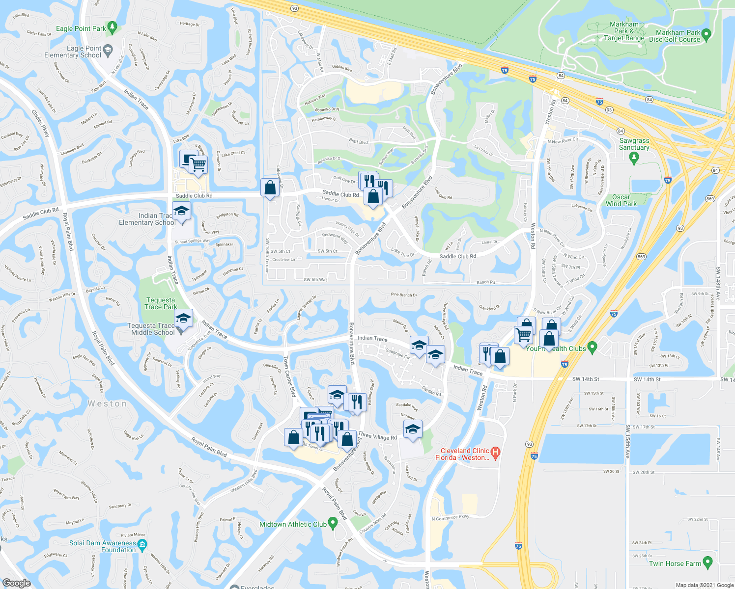 map of restaurants, bars, coffee shops, grocery stores, and more near in Weston