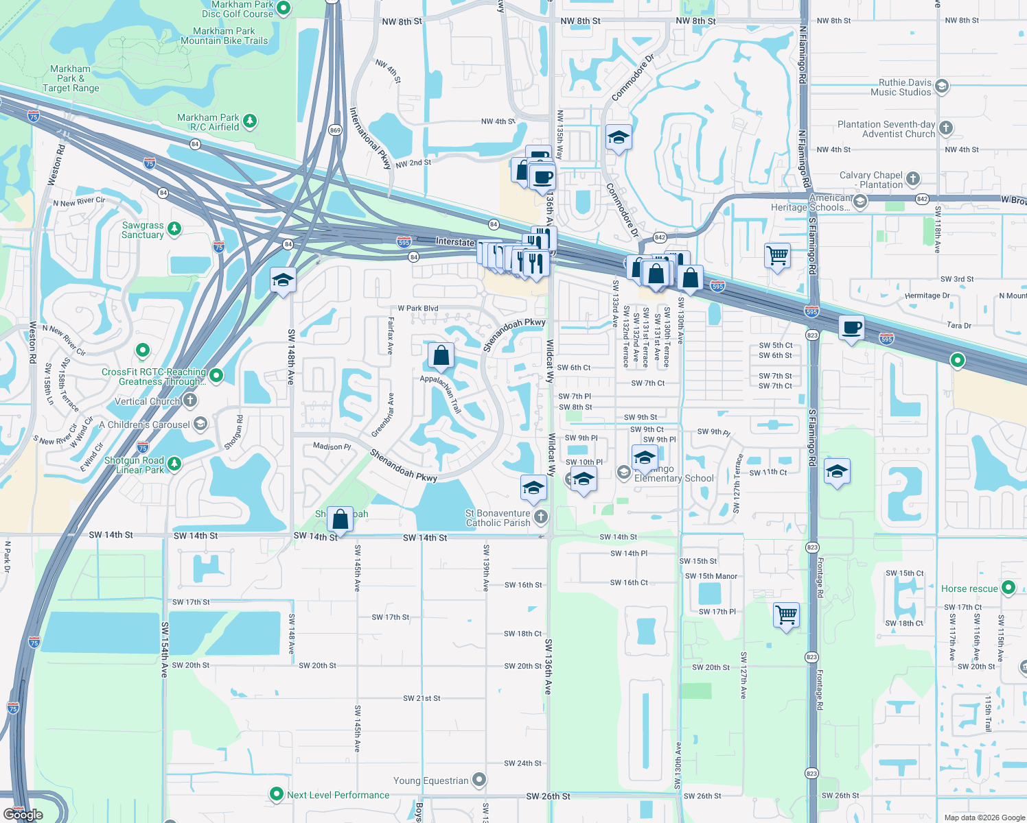 map of restaurants, bars, coffee shops, grocery stores, and more near 13771 Cedar Bluff Court in Davie