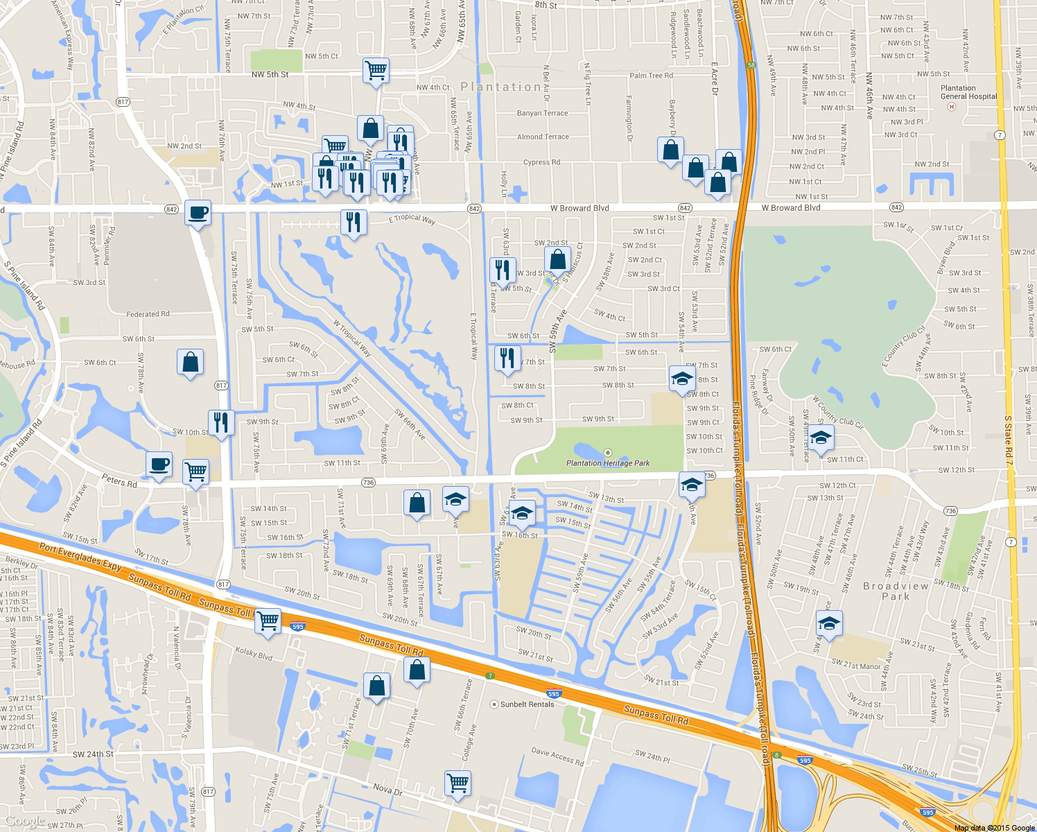 map of restaurants, bars, coffee shops, grocery stores, and more near 6101 Southwest 9th Street in Plantation