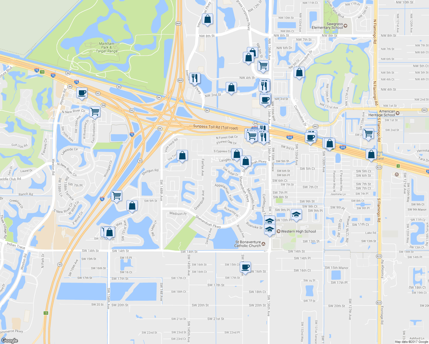 map of restaurants, bars, coffee shops, grocery stores, and more near 601 Lakeshore Terrace in Davie