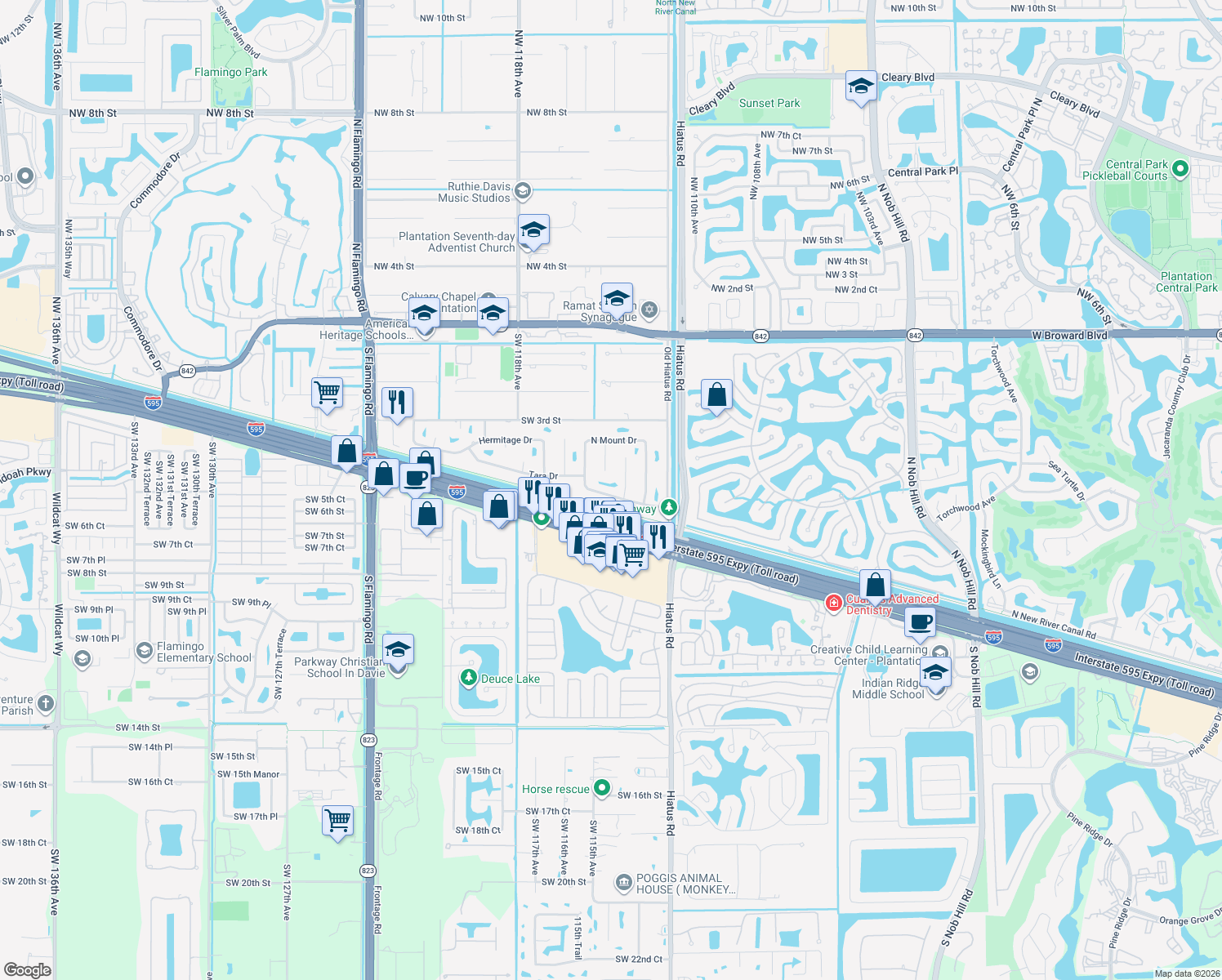 map of restaurants, bars, coffee shops, grocery stores, and more near 11439 Tara Drive in Plantation