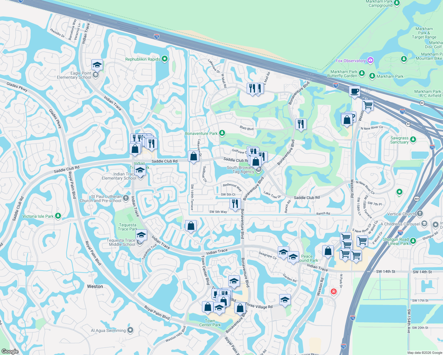 map of restaurants, bars, coffee shops, grocery stores, and more near 16790 Lakeview Court in Weston
