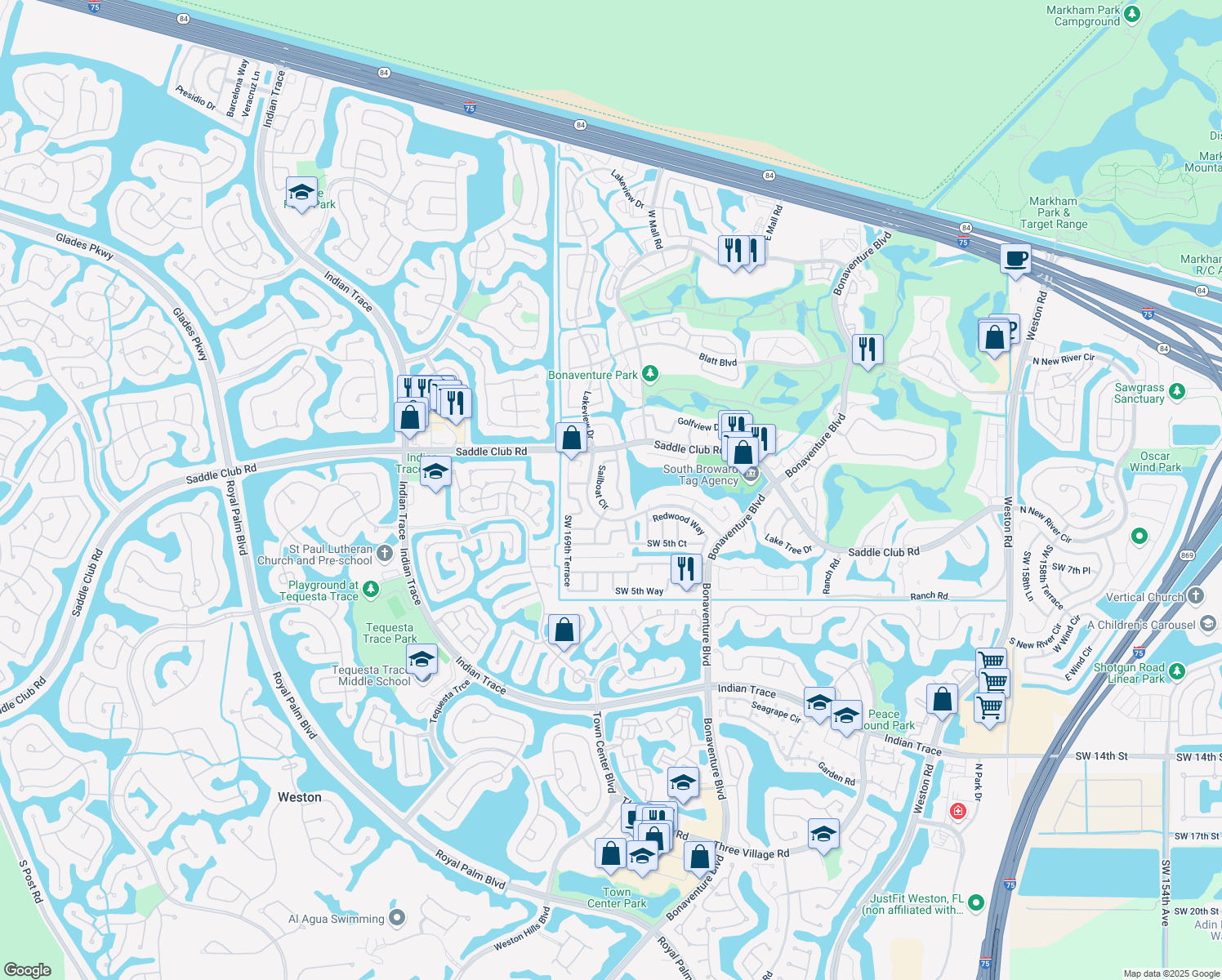map of restaurants, bars, coffee shops, grocery stores, and more near 421 Sailboat Circle in Weston