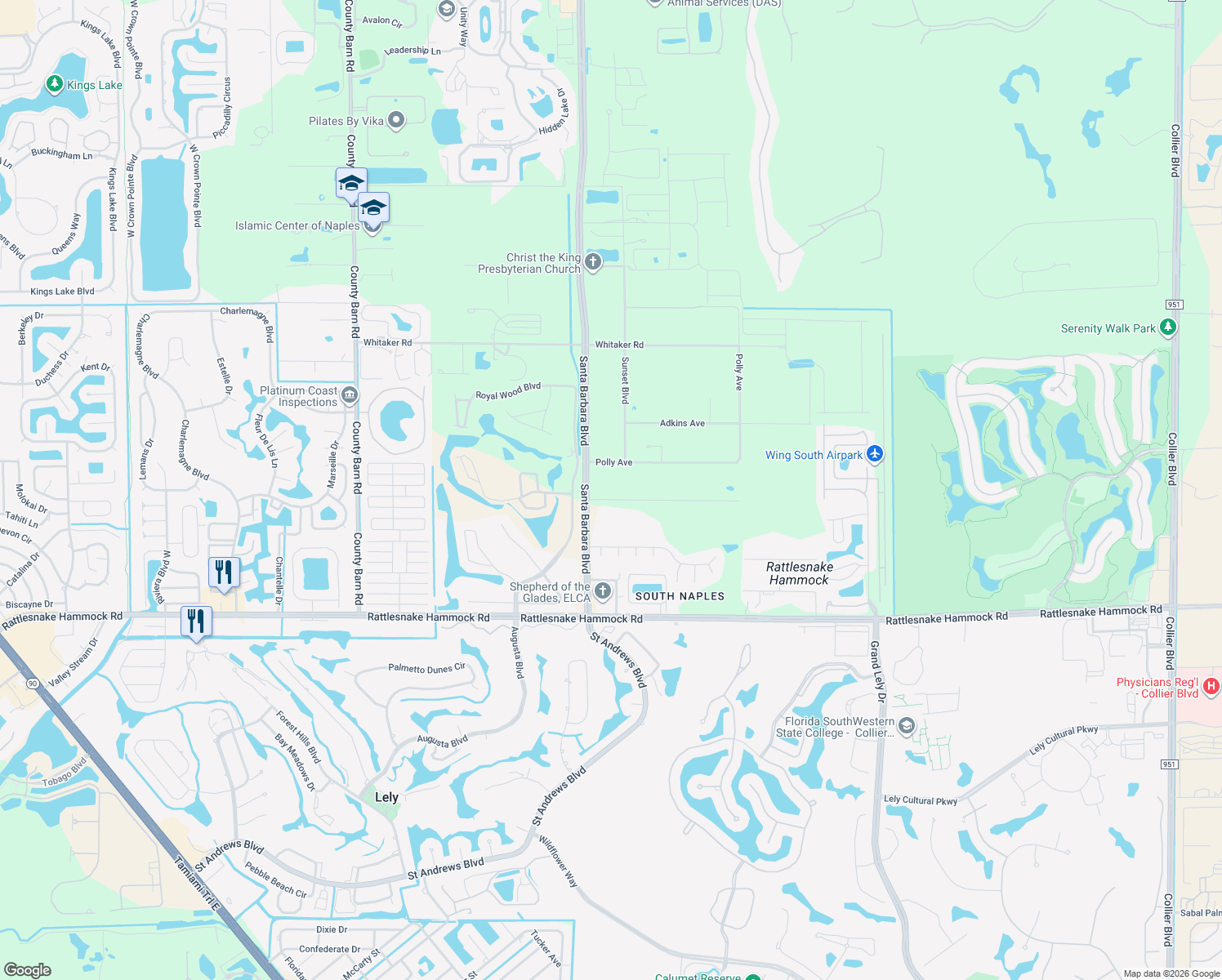 map of restaurants, bars, coffee shops, grocery stores, and more near 6050 Everett Street in Naples