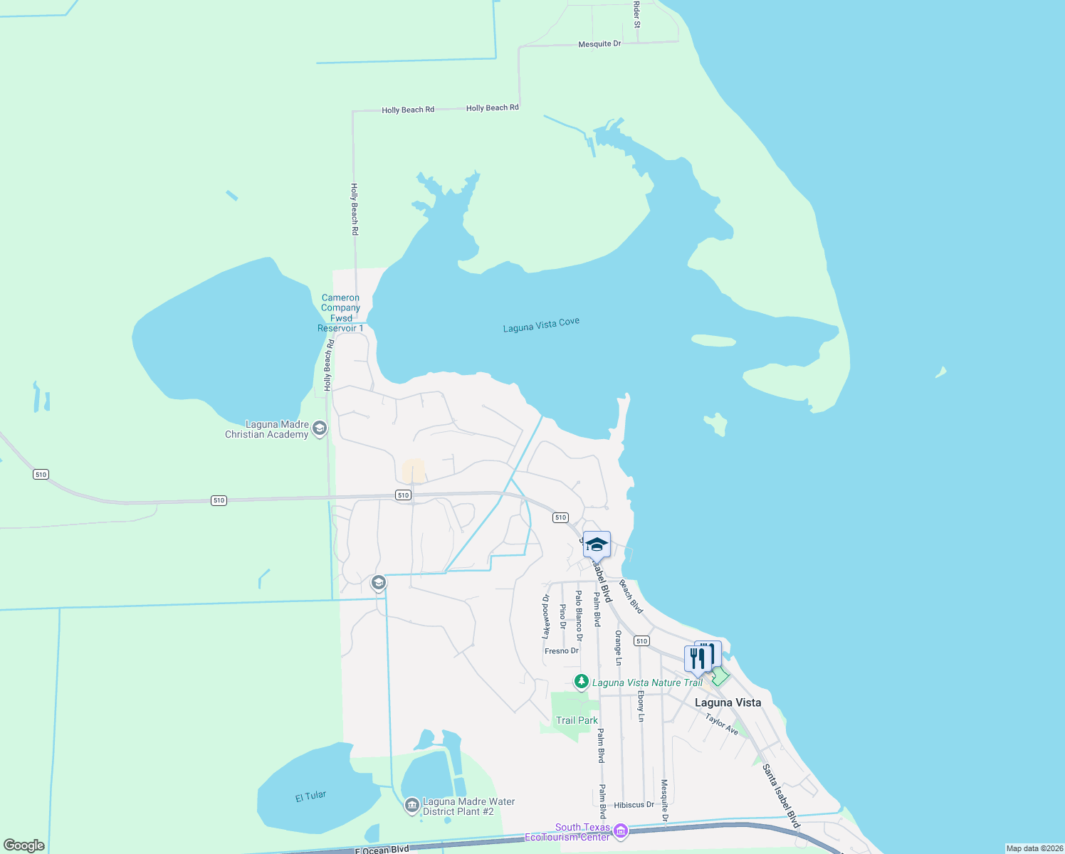 map of restaurants, bars, coffee shops, grocery stores, and more near 20 Spoonbill Cove Rd in Laguna Vista