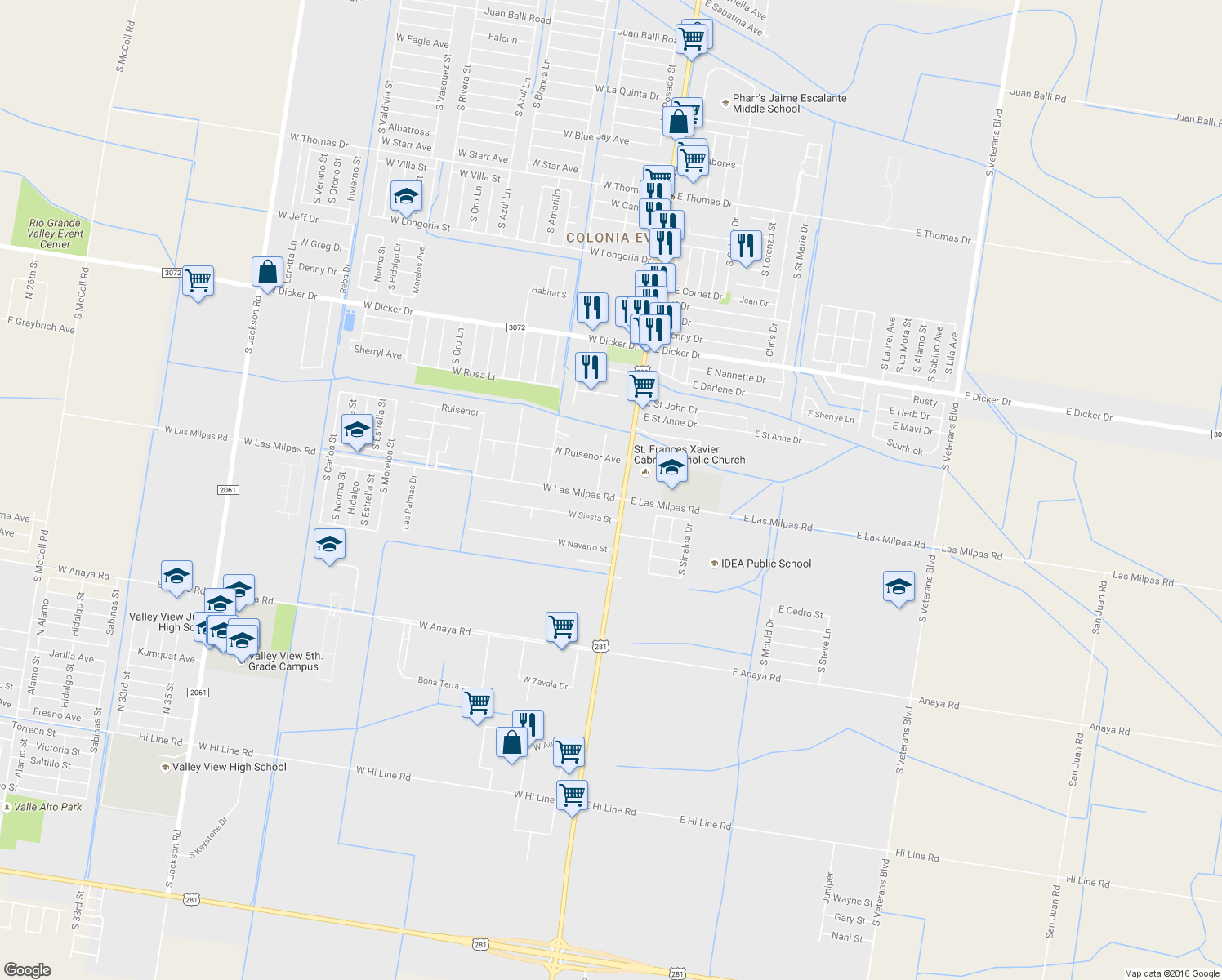 map of restaurants, bars, coffee shops, grocery stores, and more near 8022 South Cage Boulevard in Pharr