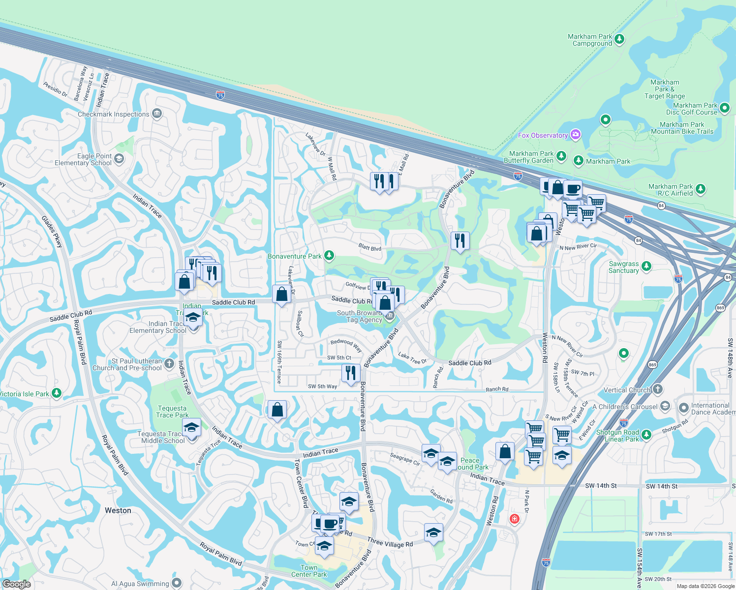 map of restaurants, bars, coffee shops, grocery stores, and more near 16686 Golfview Drive in Weston