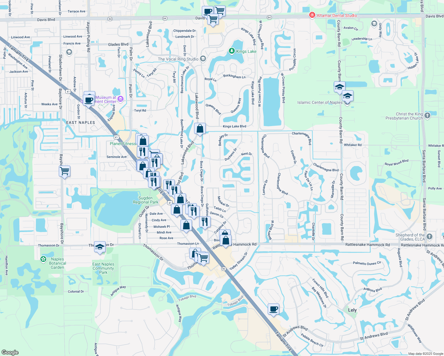 map of restaurants, bars, coffee shops, grocery stores, and more near 3707 Kent Drive in Naples