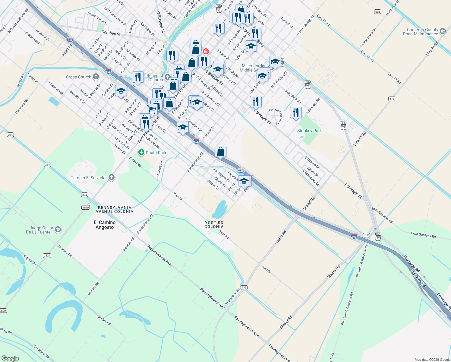 map of restaurants, bars, coffee shops, grocery stores, and more near 1250 Rio Grande St in San Benito