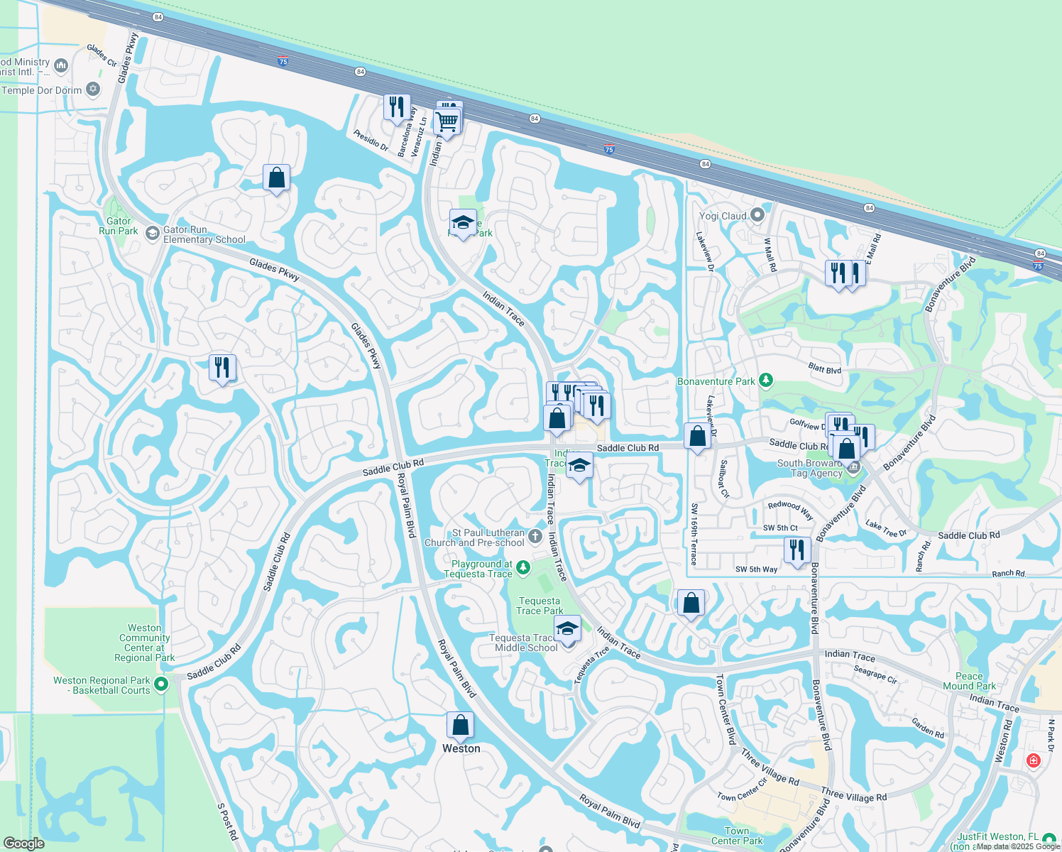 map of restaurants, bars, coffee shops, grocery stores, and more near 239 Landings Boulevard in Weston