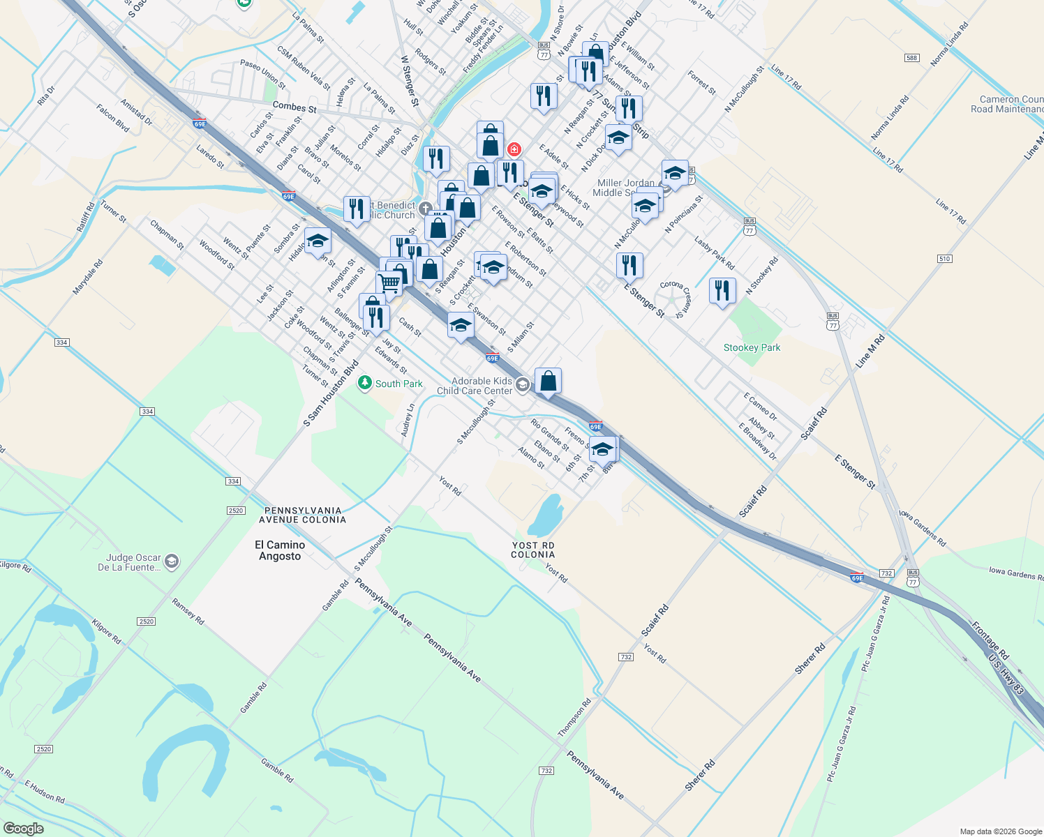 map of restaurants, bars, coffee shops, grocery stores, and more near 1st St in San Benito