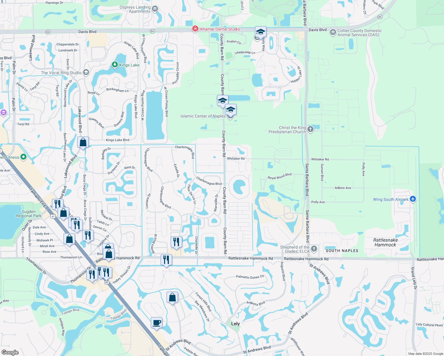 map of restaurants, bars, coffee shops, grocery stores, and more near 160 Marseille Drive in Naples