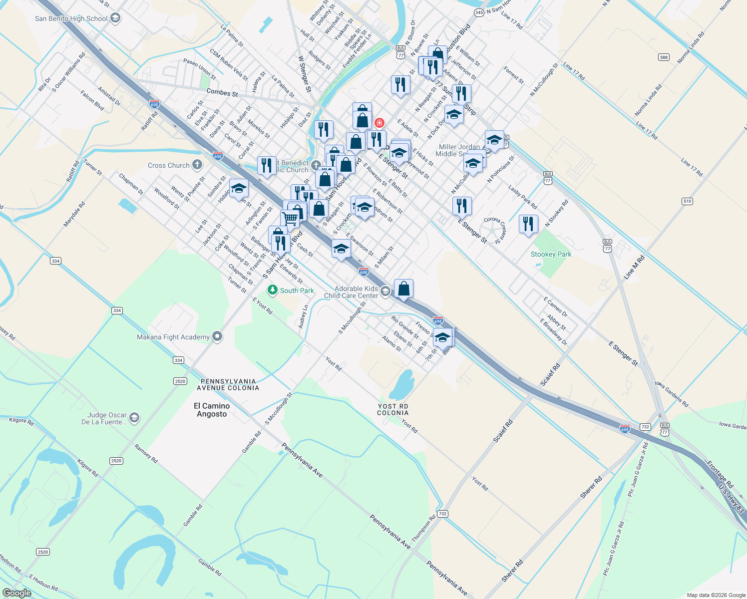 map of restaurants, bars, coffee shops, grocery stores, and more near 815 Rio Grande Street in San Benito