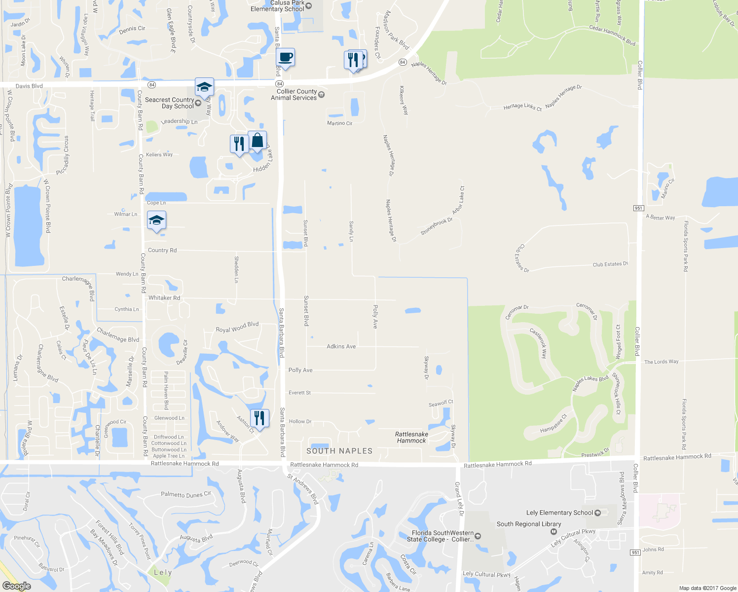 map of restaurants, bars, coffee shops, grocery stores, and more near 6234 Whitaker Road in Naples