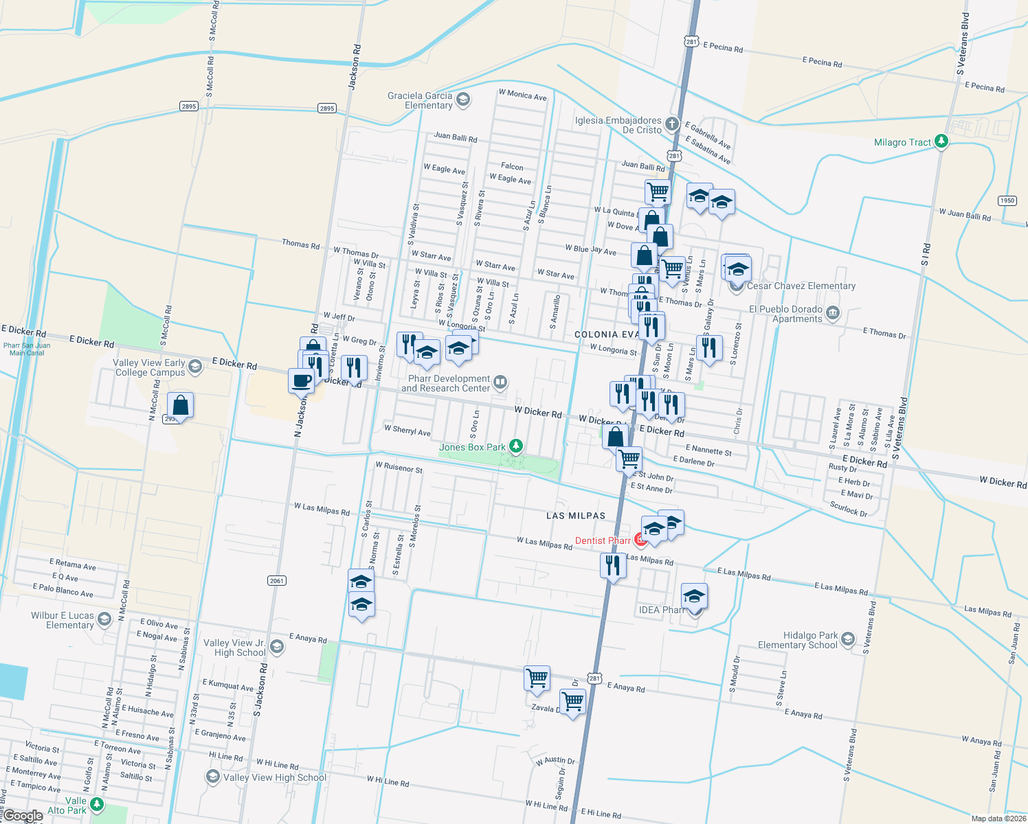 map of restaurants, bars, coffee shops, grocery stores, and more near 7408 S Blanca Ln in Pharr