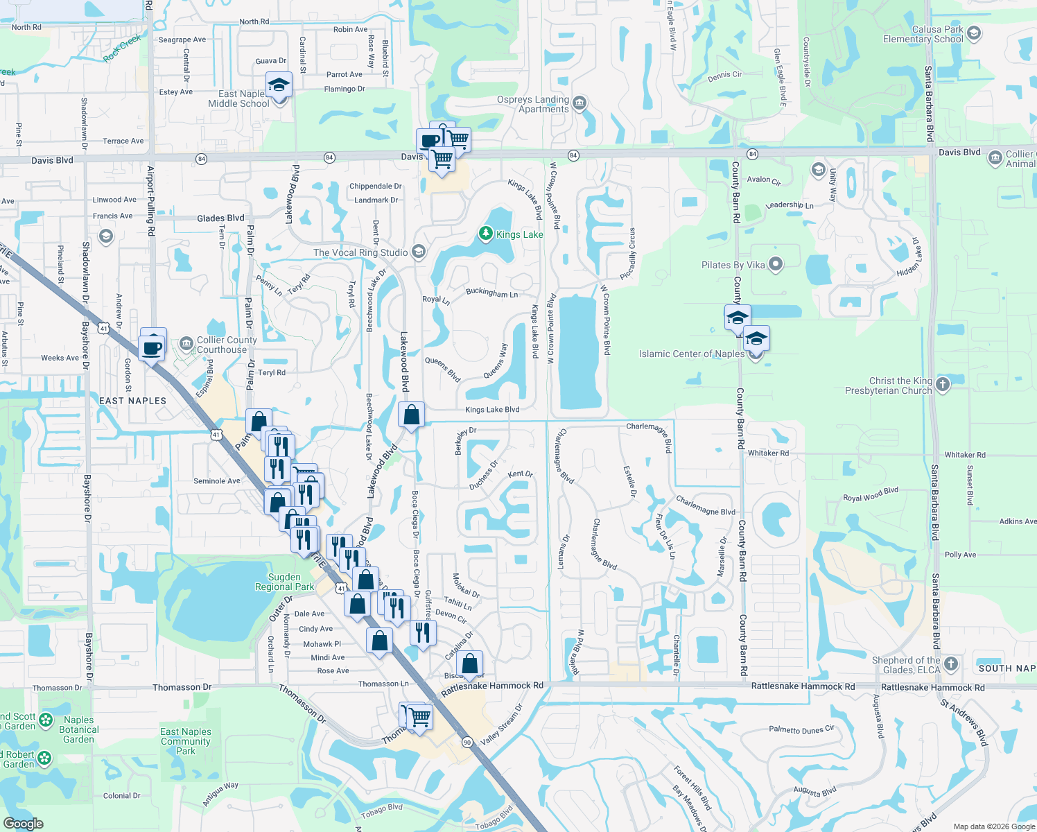 map of restaurants, bars, coffee shops, grocery stores, and more near 2437 Kings Lake Blvd in Naples