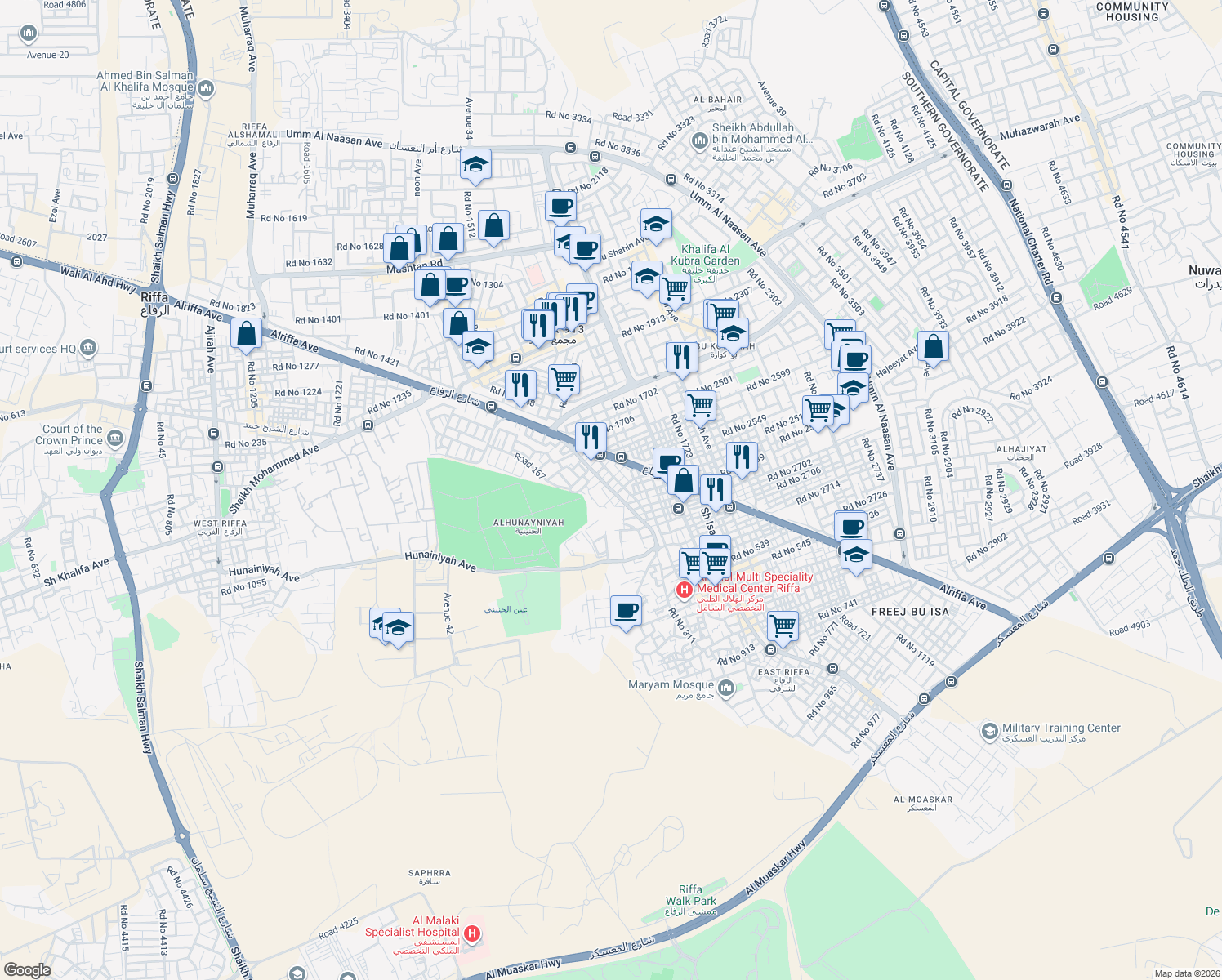 map of restaurants, bars, coffee shops, grocery stores, and more near Sh Hamood Bin Subah Avenue in Riffa