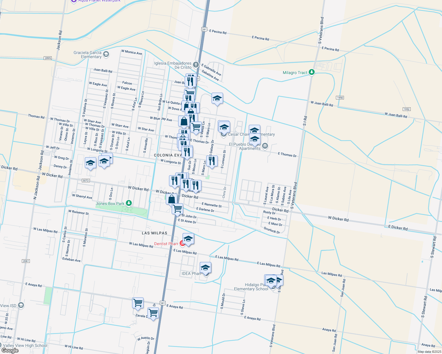 map of restaurants, bars, coffee shops, grocery stores, and more near 341 Jean Drive in Pharr
