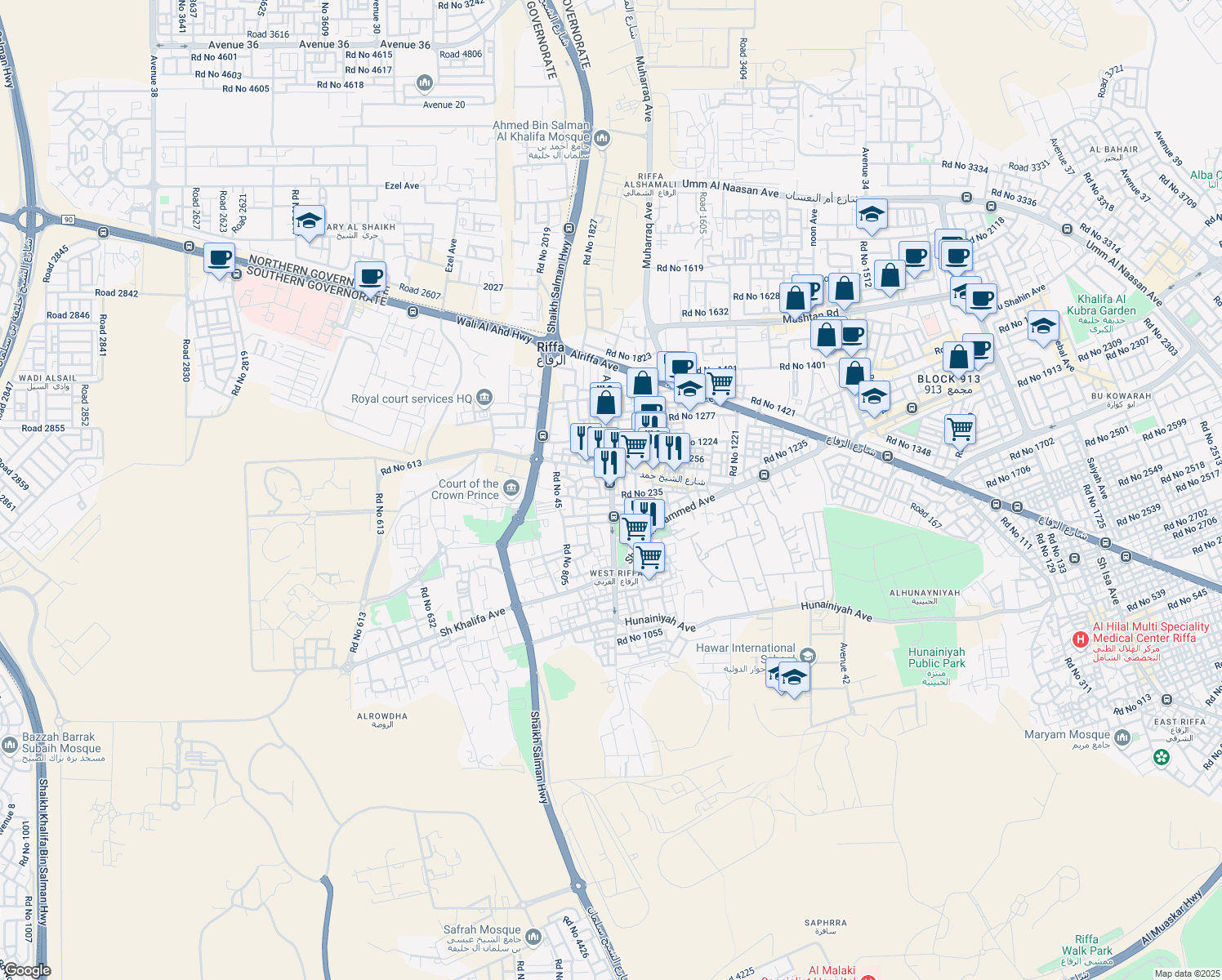 map of restaurants, bars, coffee shops, grocery stores, and more near Ajirah Avenue in Riffa