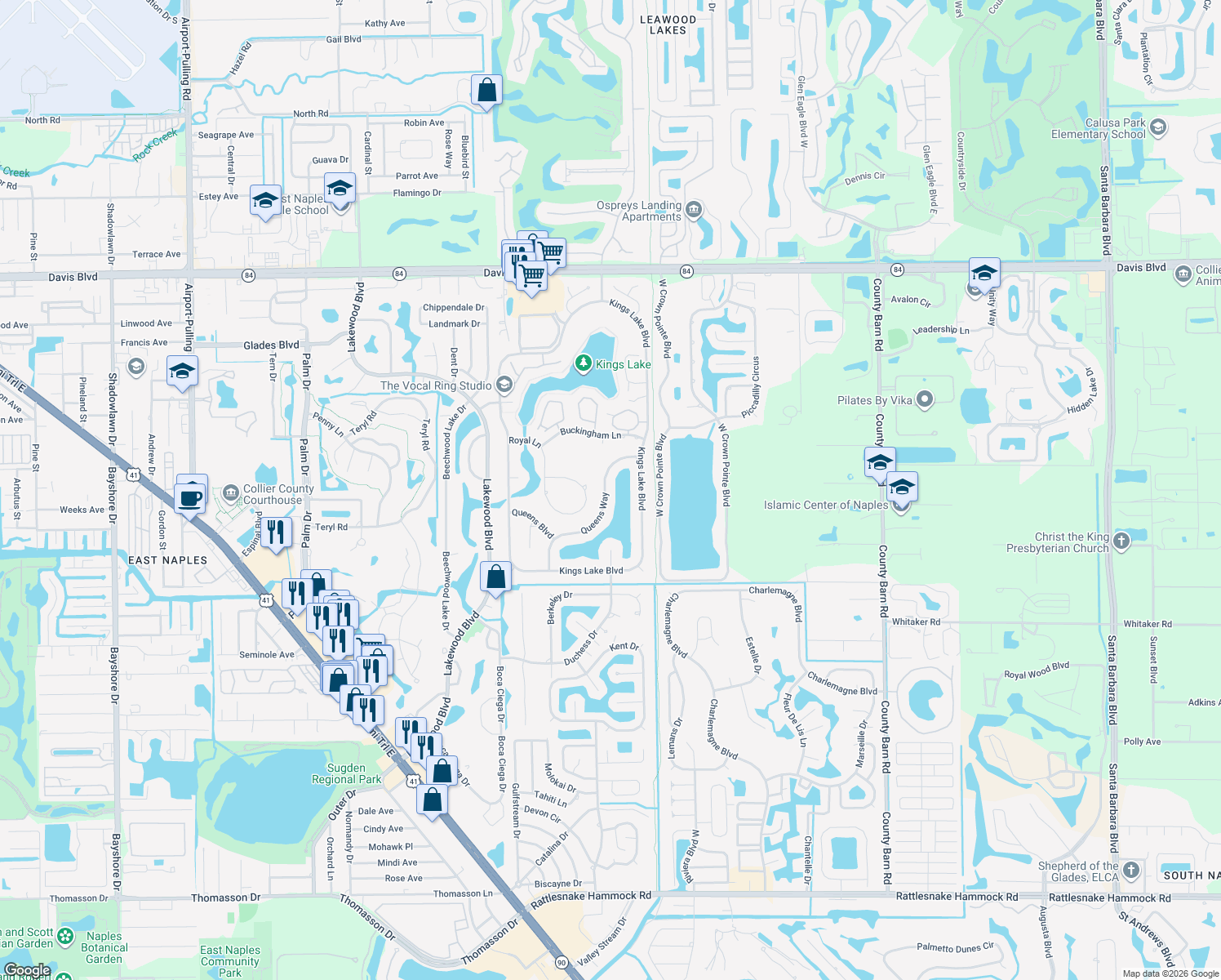map of restaurants, bars, coffee shops, grocery stores, and more near 2274 Queens Way in Naples