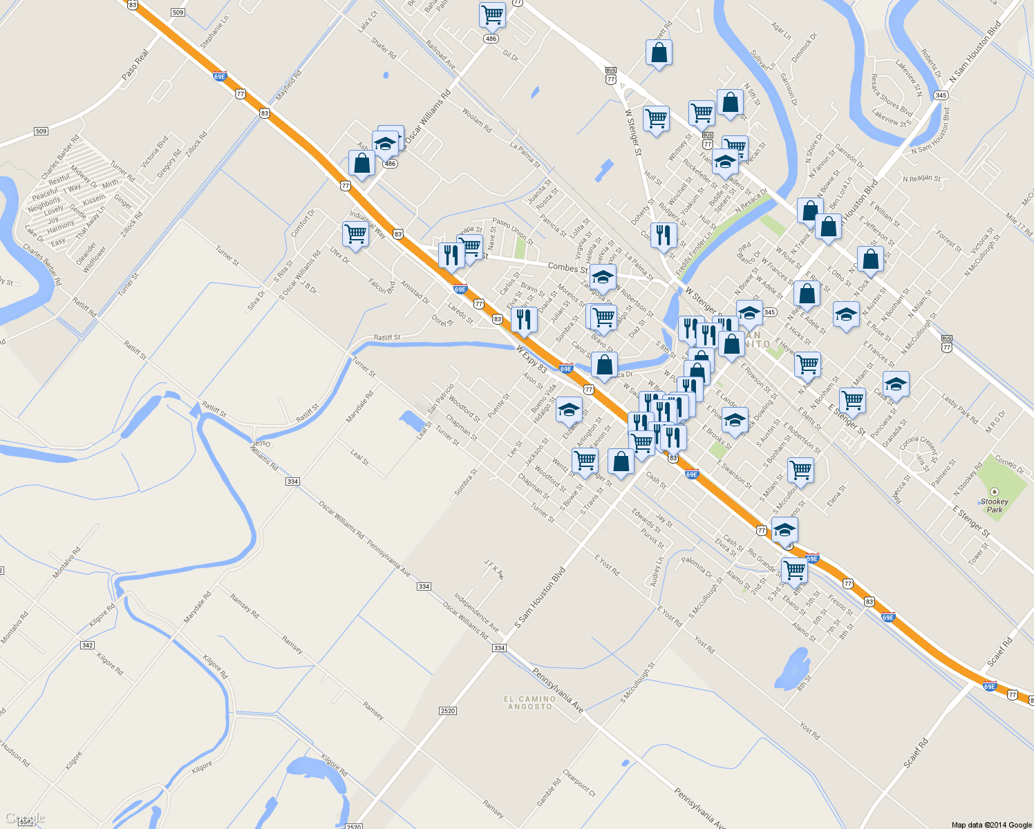 map of restaurants, bars, coffee shops, grocery stores, and more near 801 Ballenger St in San Benito