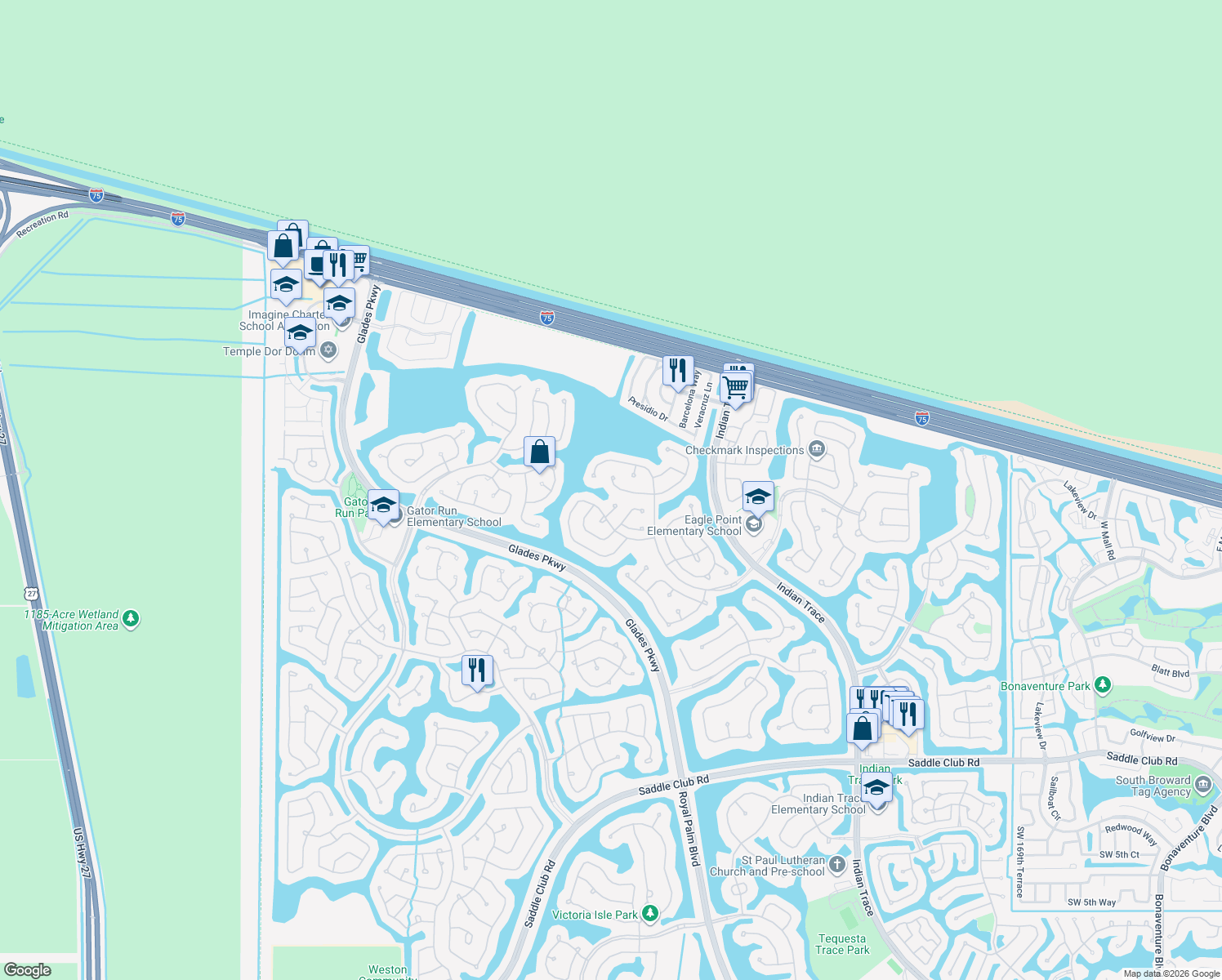 map of restaurants, bars, coffee shops, grocery stores, and more near 1041 Cedar Falls Drive in Weston
