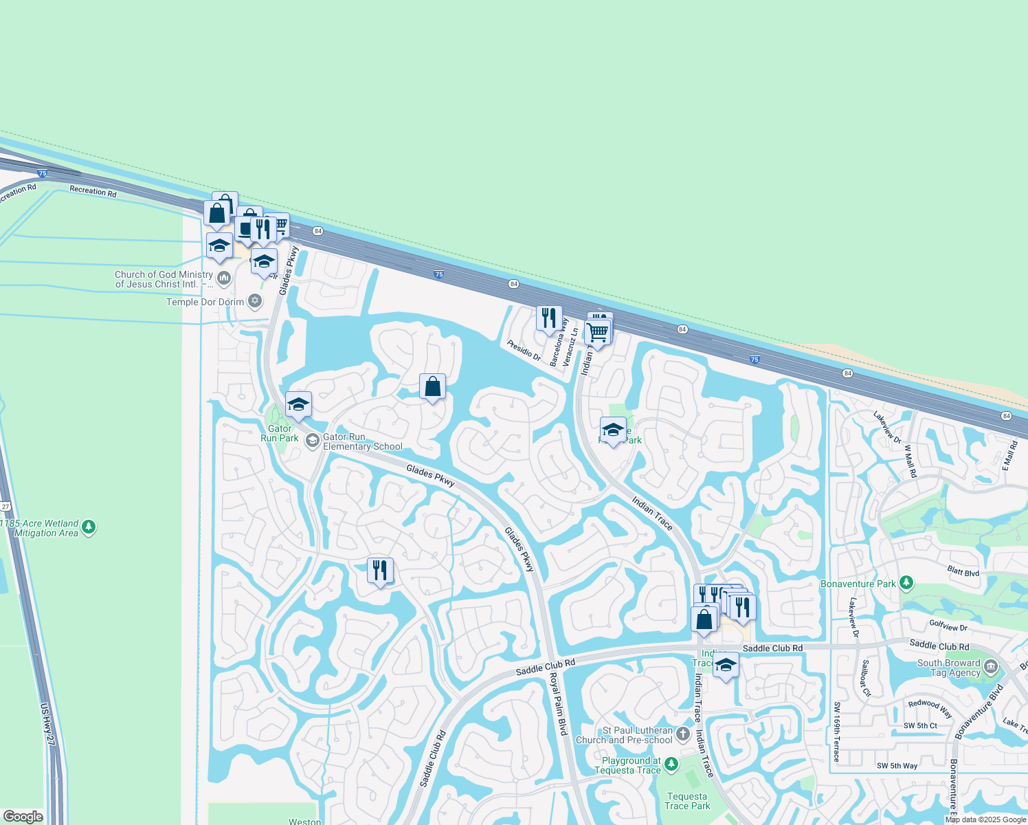 map of restaurants, bars, coffee shops, grocery stores, and more near 1185 Mahogany Lane in Weston