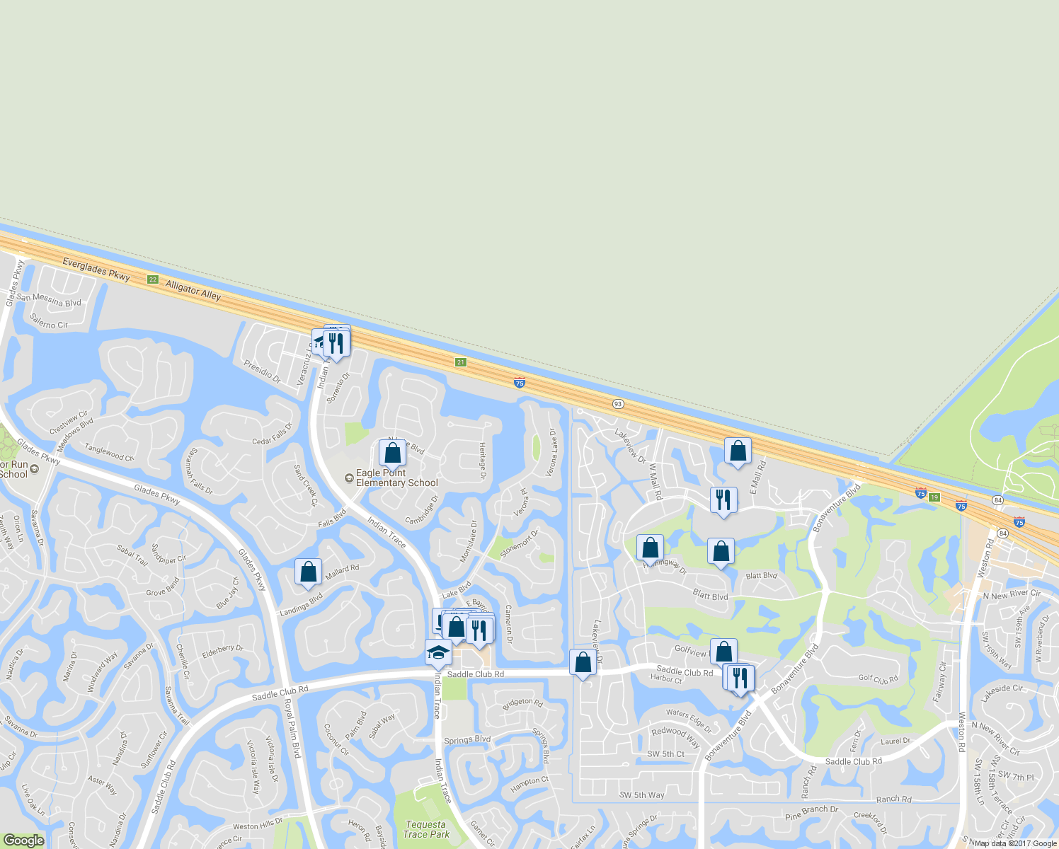 map of restaurants, bars, coffee shops, grocery stores, and more near 793 Lake Boulevard in Weston