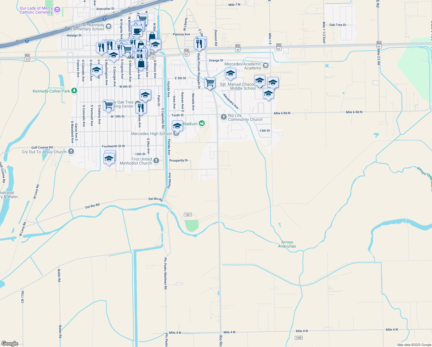 map of restaurants, bars, coffee shops, grocery stores, and more near 799 Ruby Red Street in Mercedes