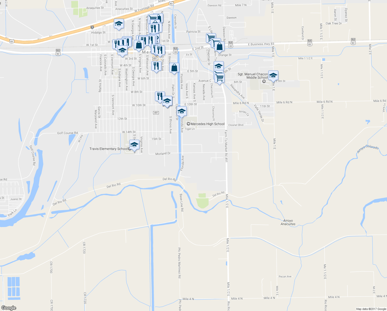map of restaurants, bars, coffee shops, grocery stores, and more near 154 East 17th Street in Mercedes
