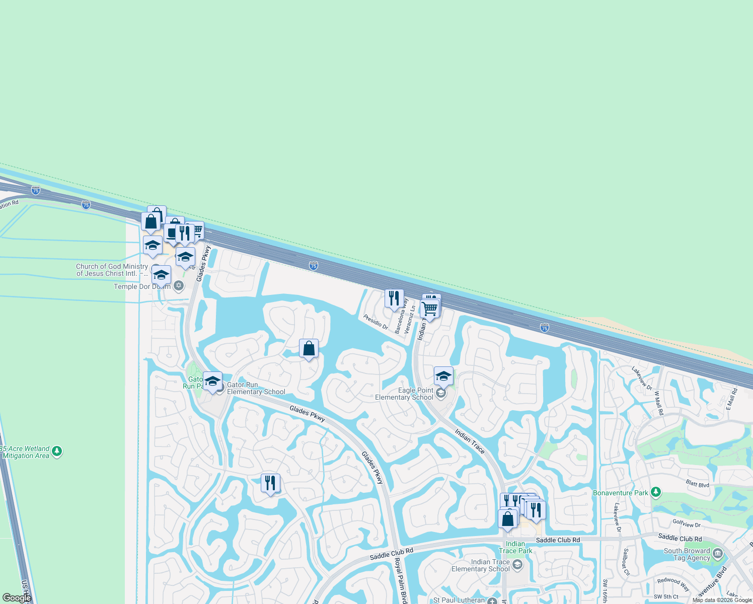 map of restaurants, bars, coffee shops, grocery stores, and more near 1505 Mira Vista Circle in Weston