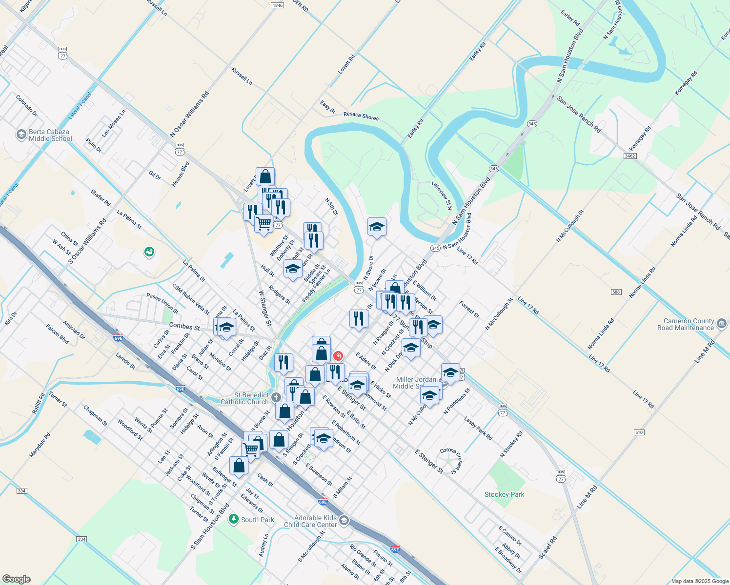 map of restaurants, bars, coffee shops, grocery stores, and more near 899 North Bowie Street in San Benito